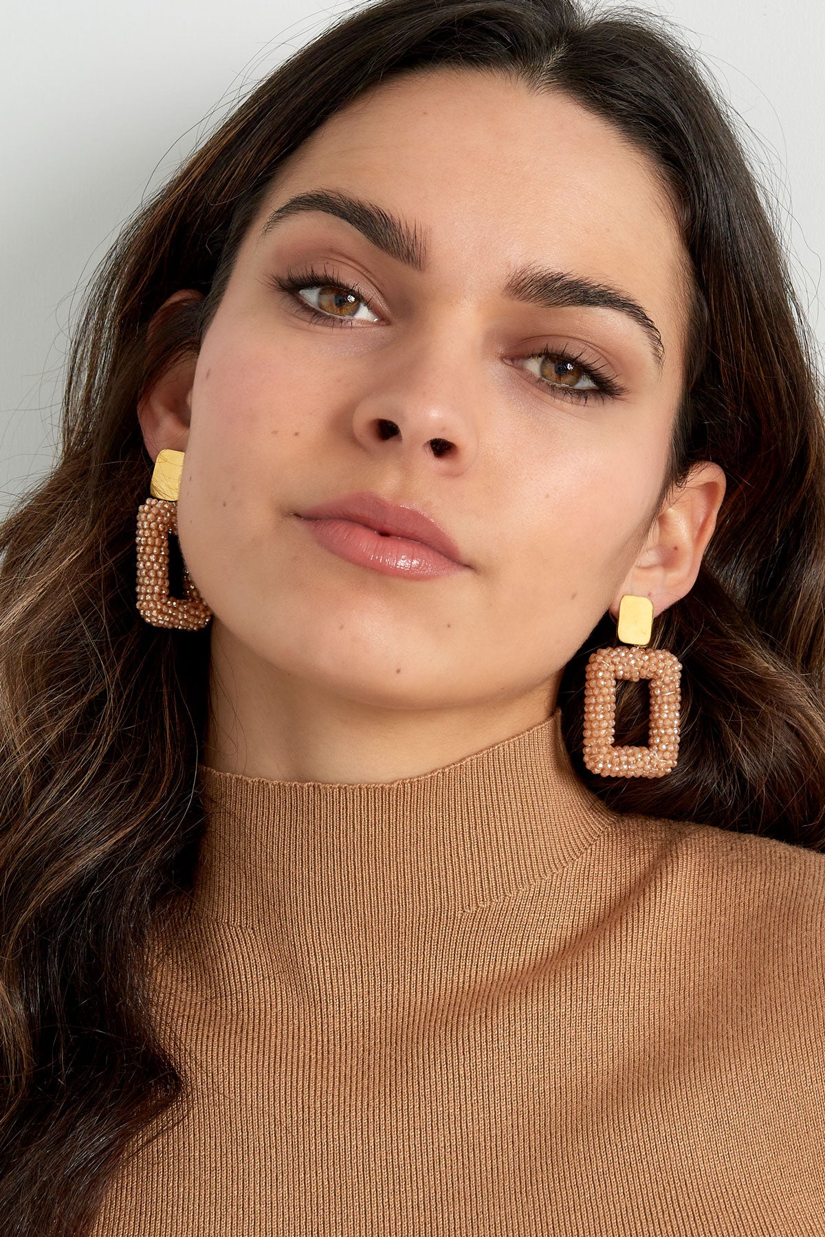 Rectangle Earrings With Glass Beads - light peach