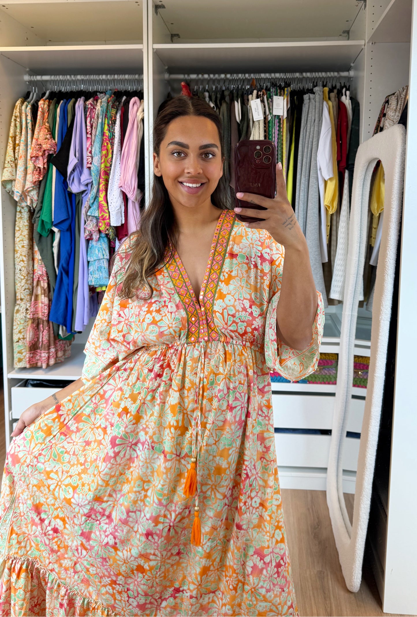 Boho maxi dress orange & pink