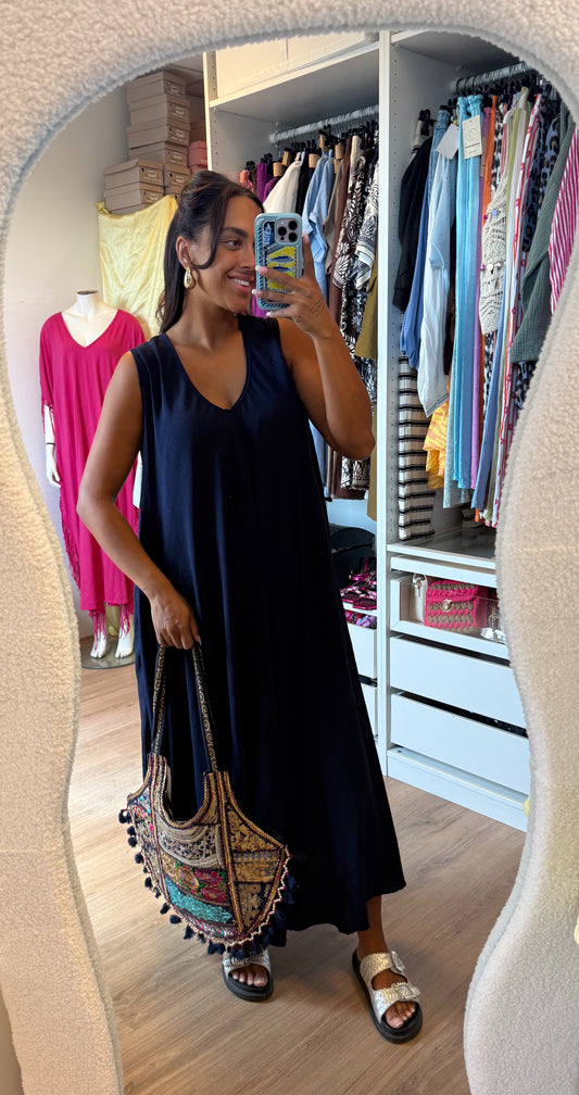 Maxi jurk met v hals donkerblauw