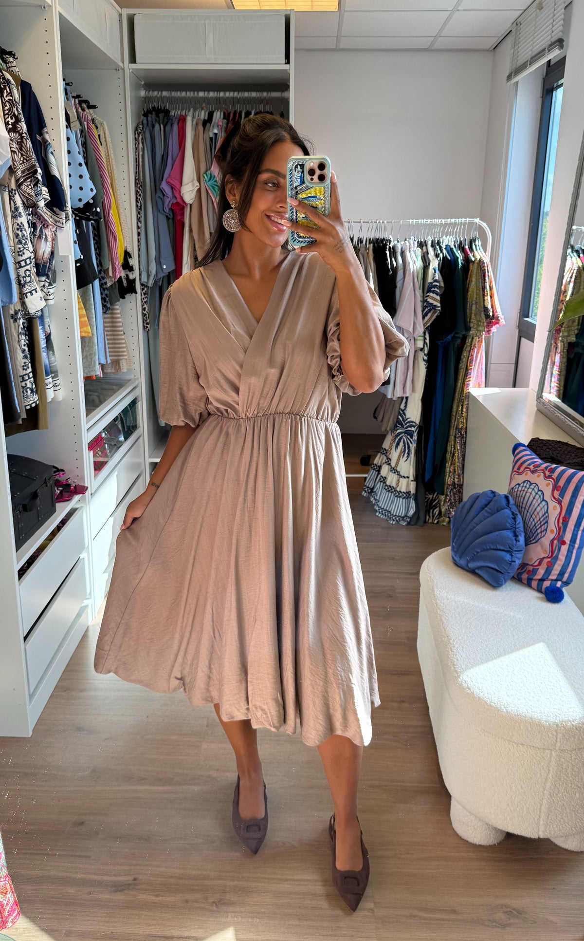 Ballon midi jurk beige