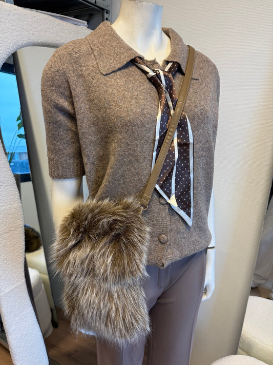 Faux fur telefoon tas bruin/wit met bruine strap