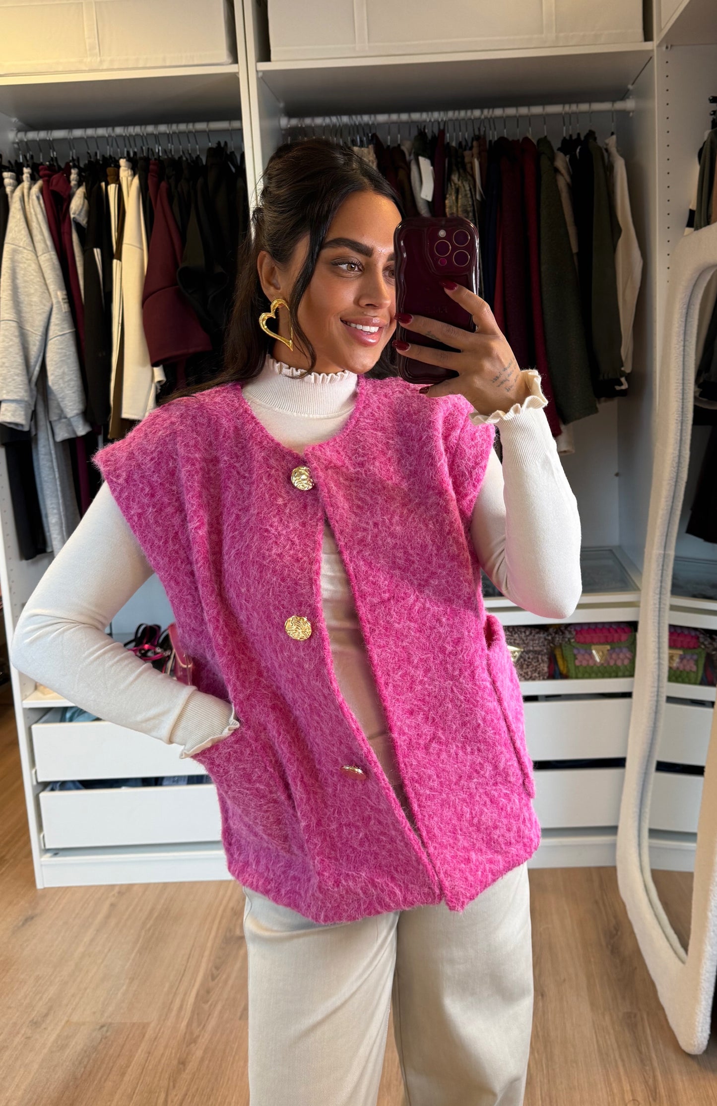 Gigi golden button gilet hot pink