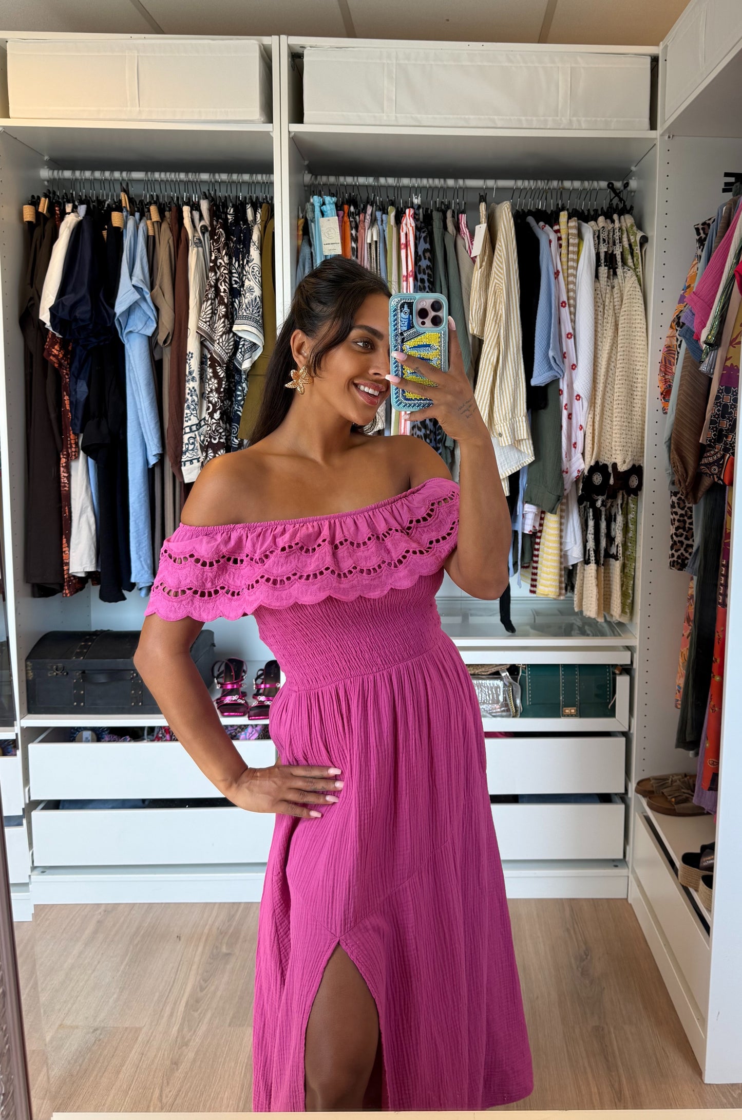 Mousseline maxi jurk met split magenta