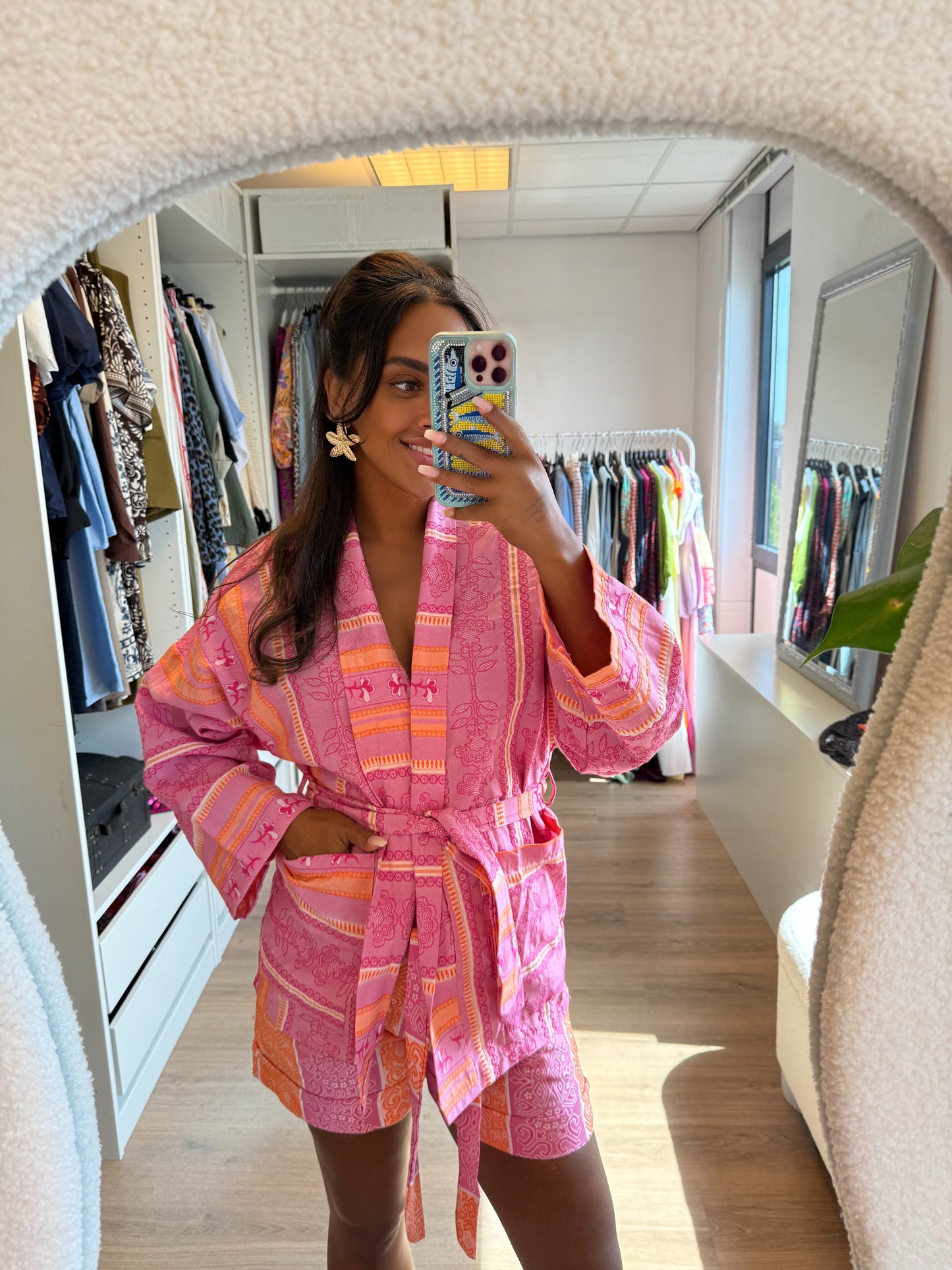 Tweedelige set met kimono en short roze & oranje