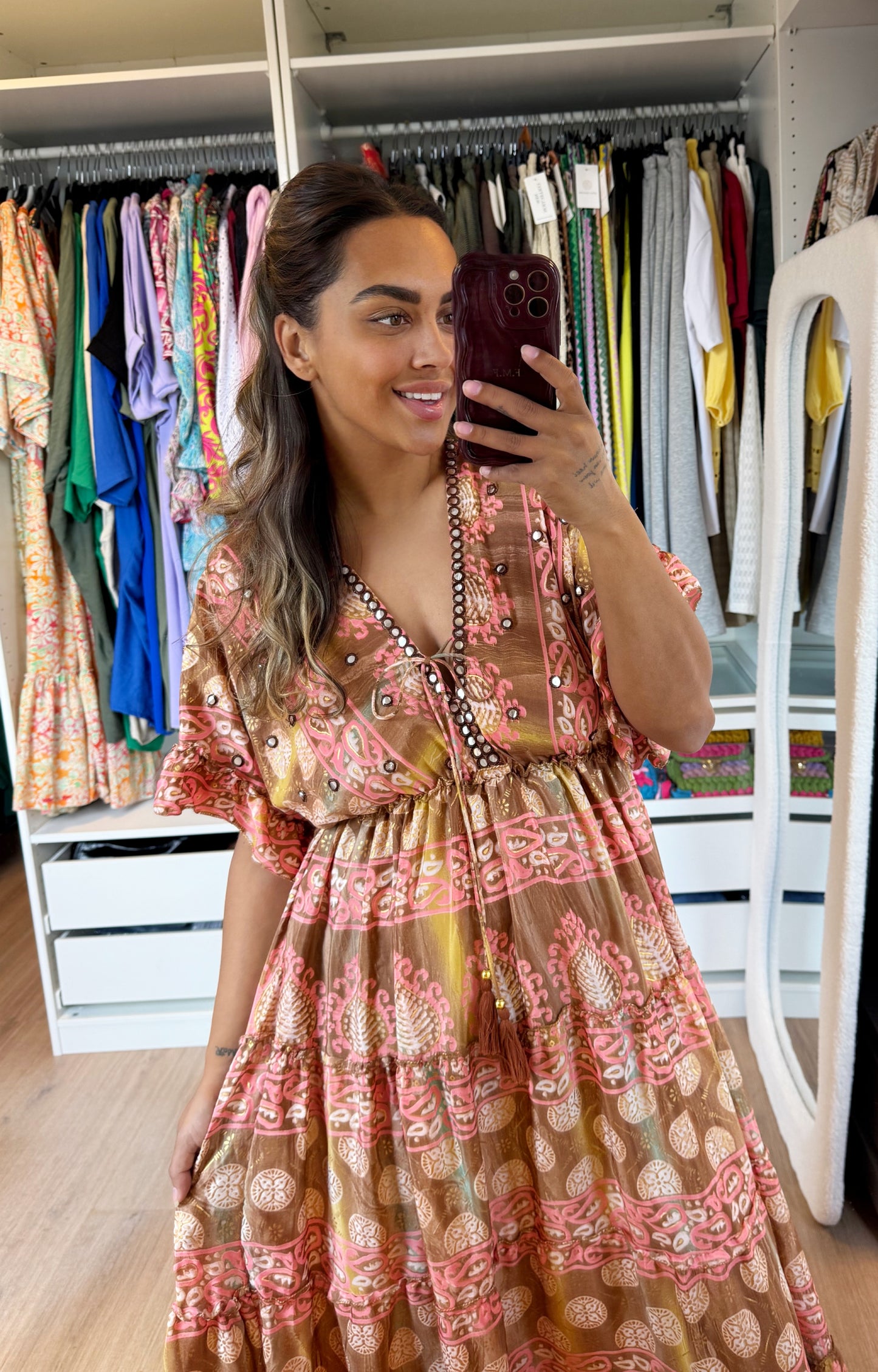 Boho maxi dress pink & brown