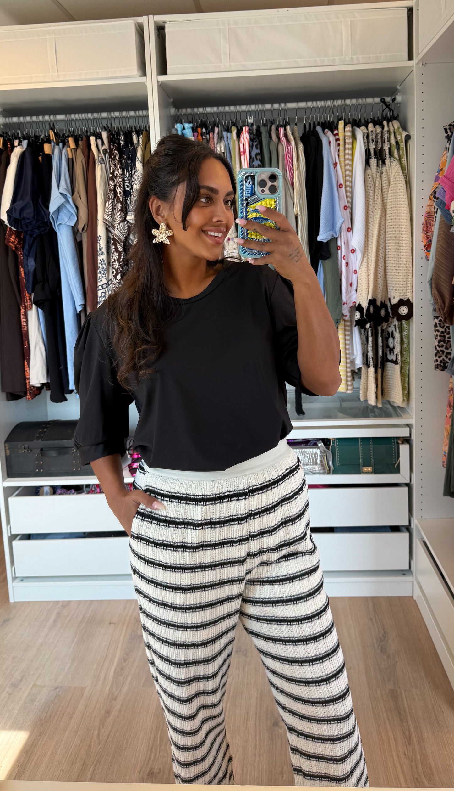 Crochet broek met streepprint zwart & offwhite
