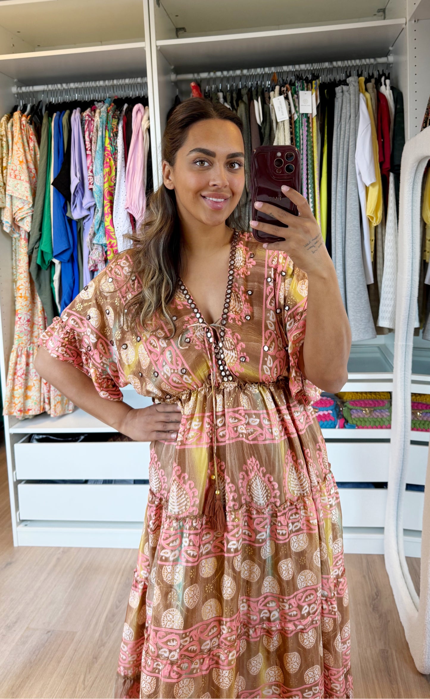 Boho maxi dress pink & brown