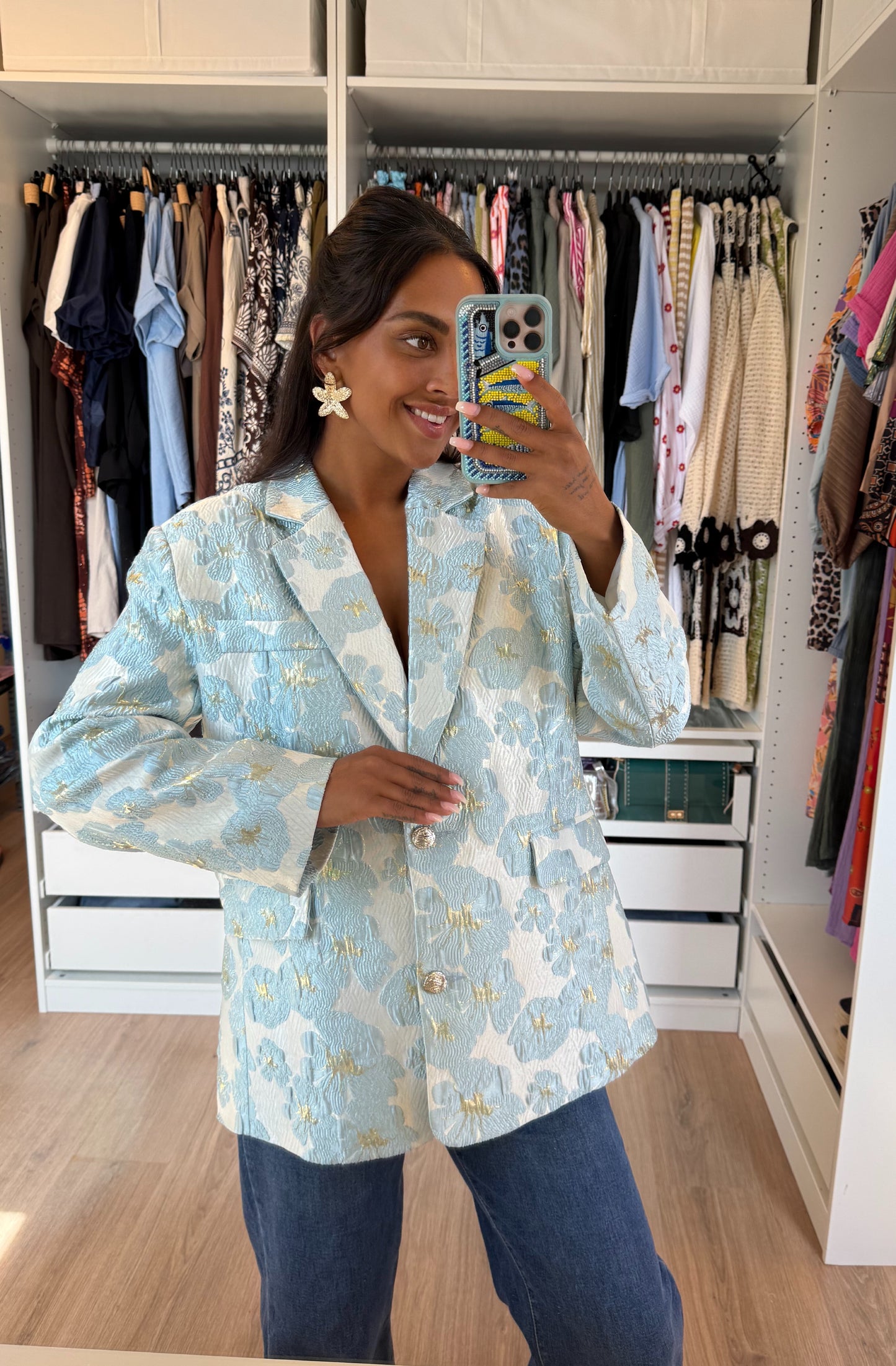 Blazer van jacquard met bloemenprint lichtblauw & goud