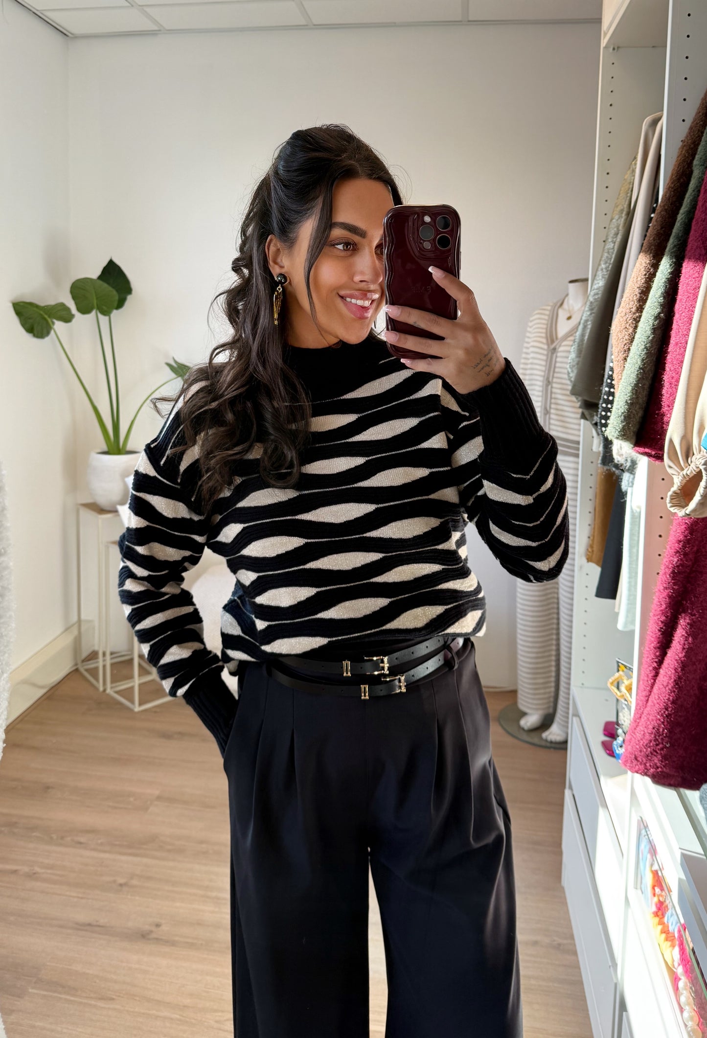 Print sweater black & beige