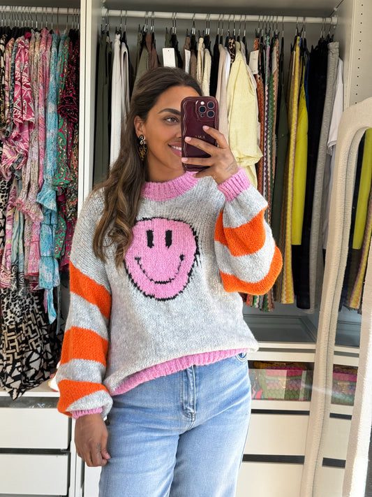 Smiley sweater met ballonmouwen grijs