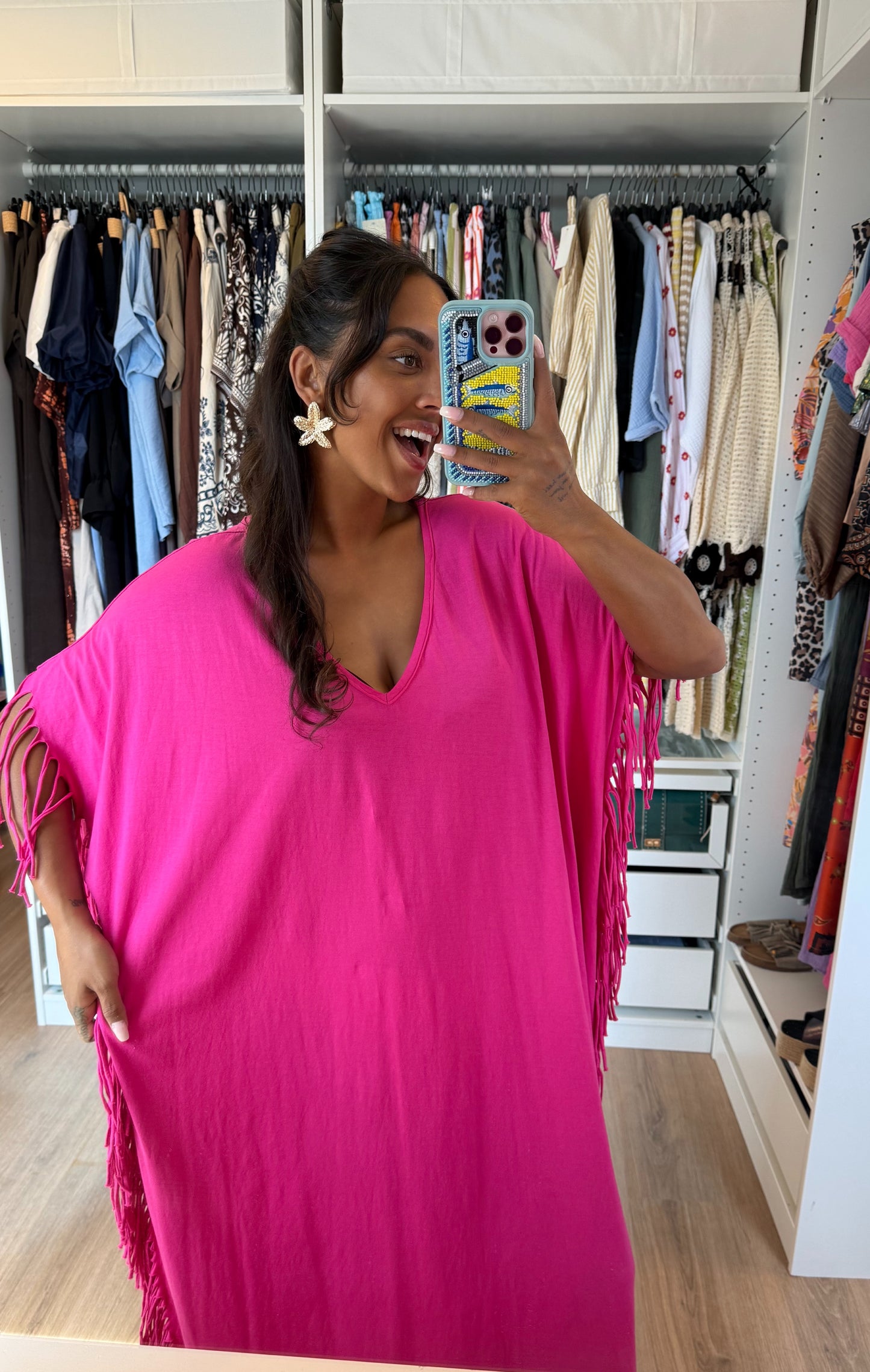 Maxi fringe jurk roze