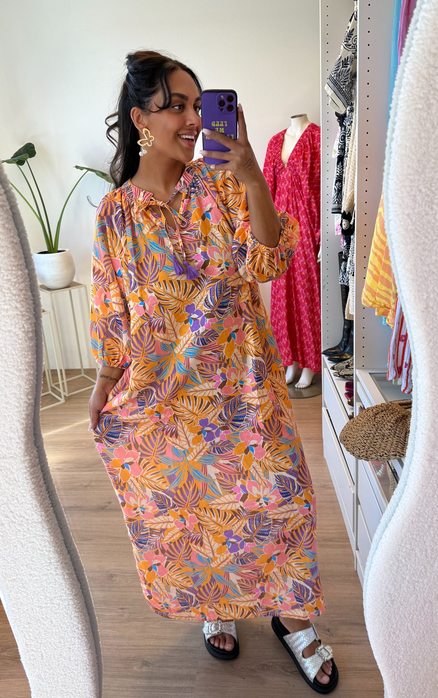Maxi jurk met print oranje & paars