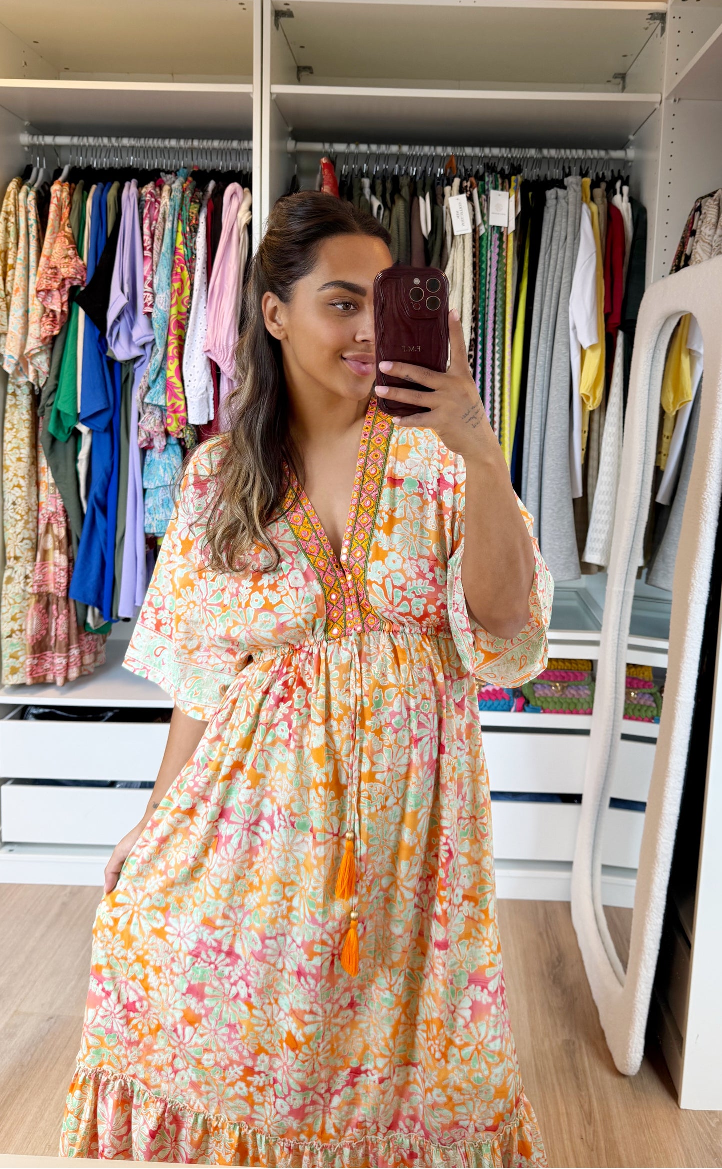 Boho maxi dress orange & pink