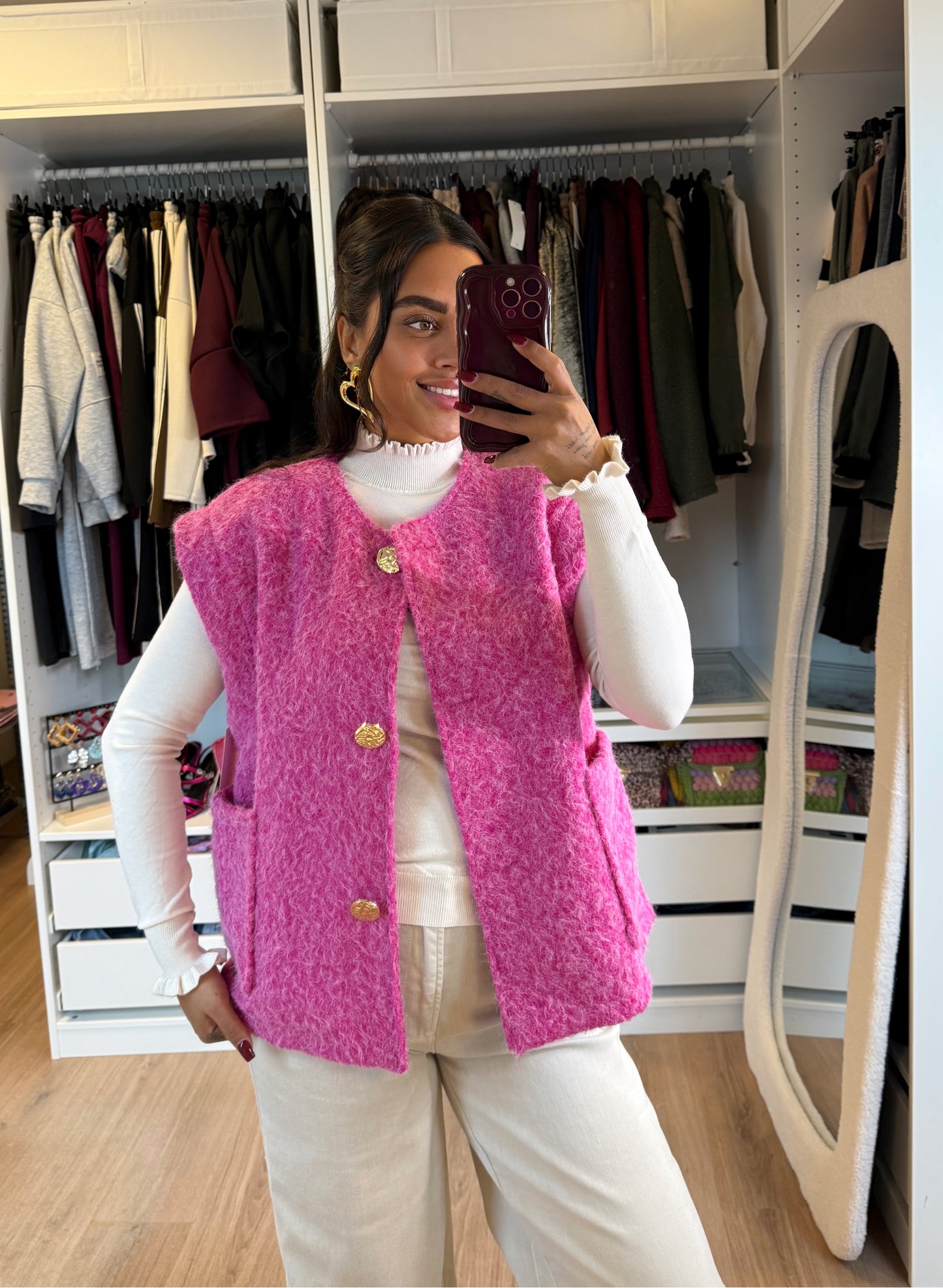 Gigi golden button gilet hot pink