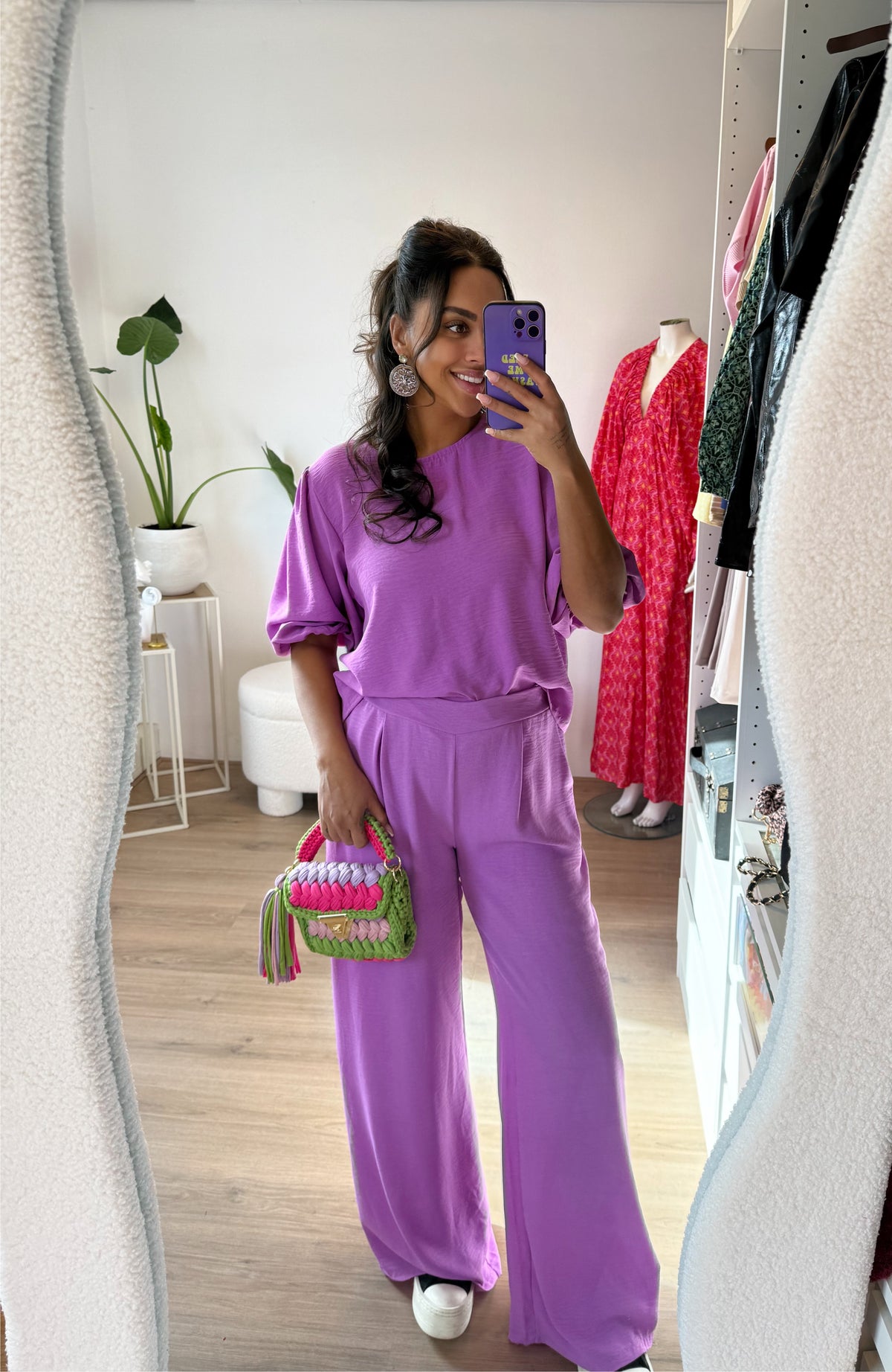 Olivia gevlochten tas lime & pink