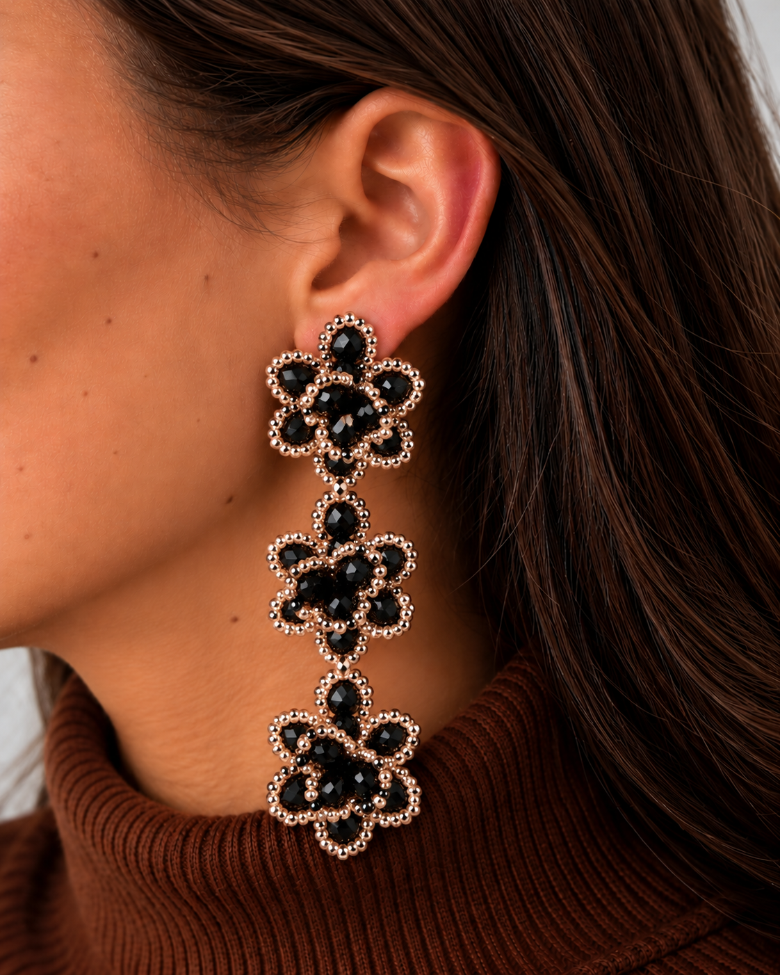 Blossom Statement Earrings - Black & Champagne