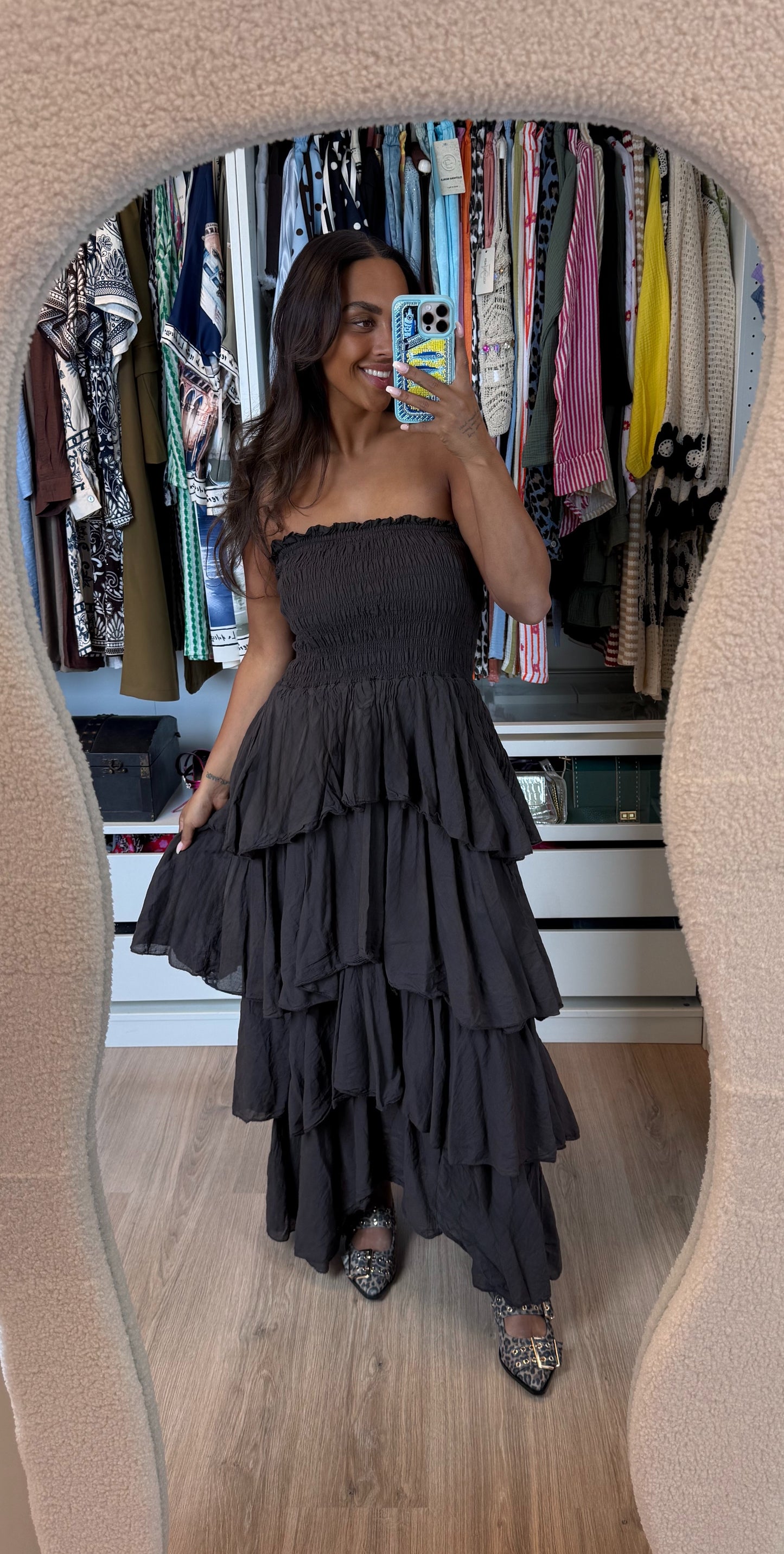 Cotton strapless maxi ruffle jurk choco bruin