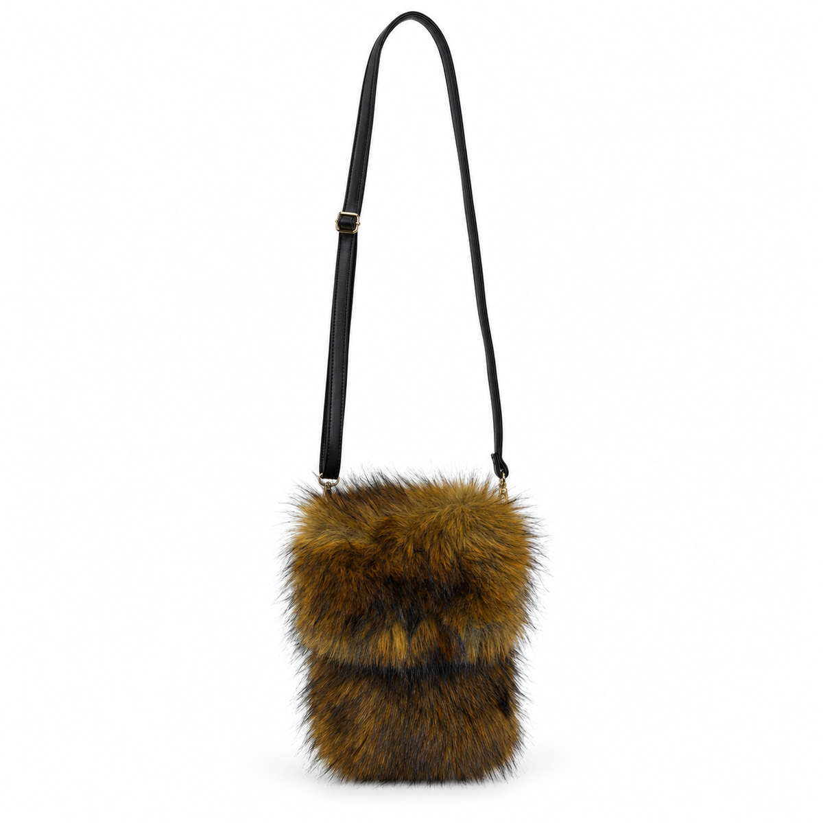 Faux fur telefoon tas bruin/zwart met zwarte strap