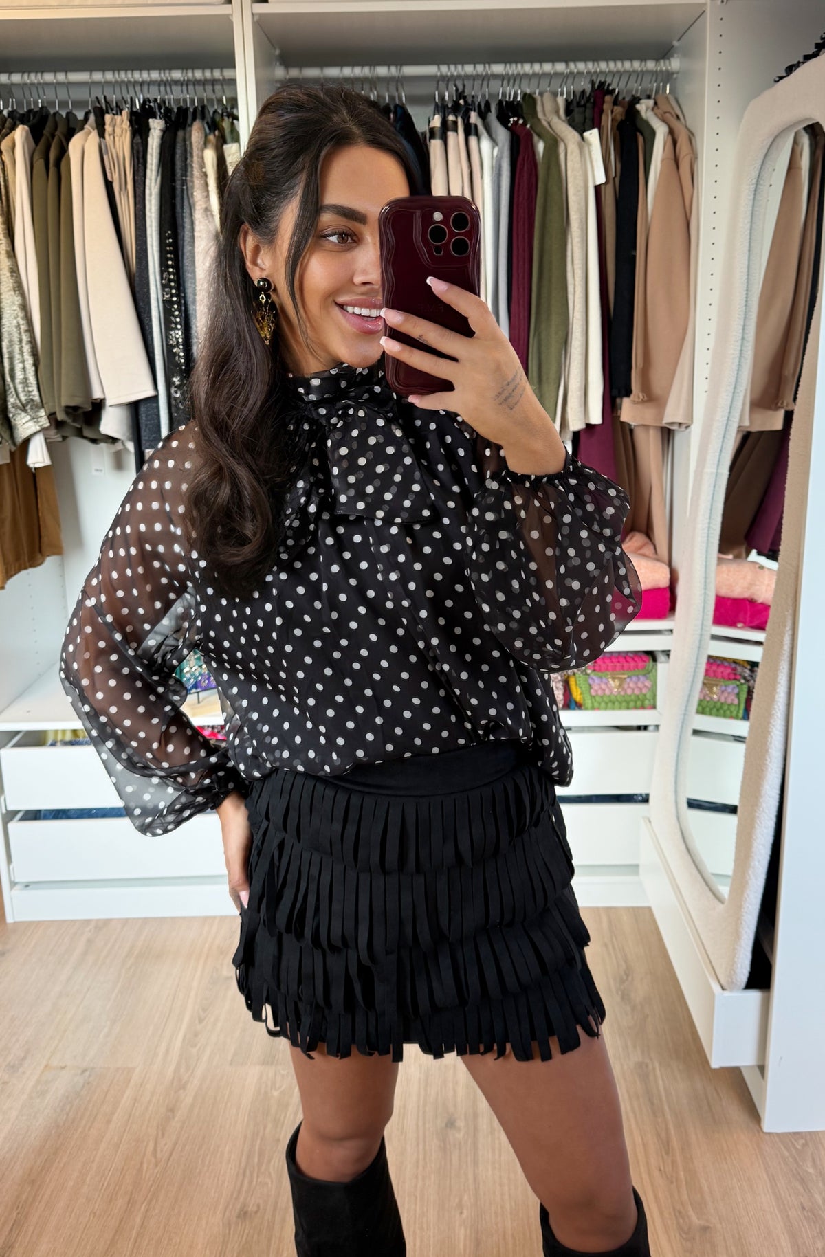Suede look fringe skort black