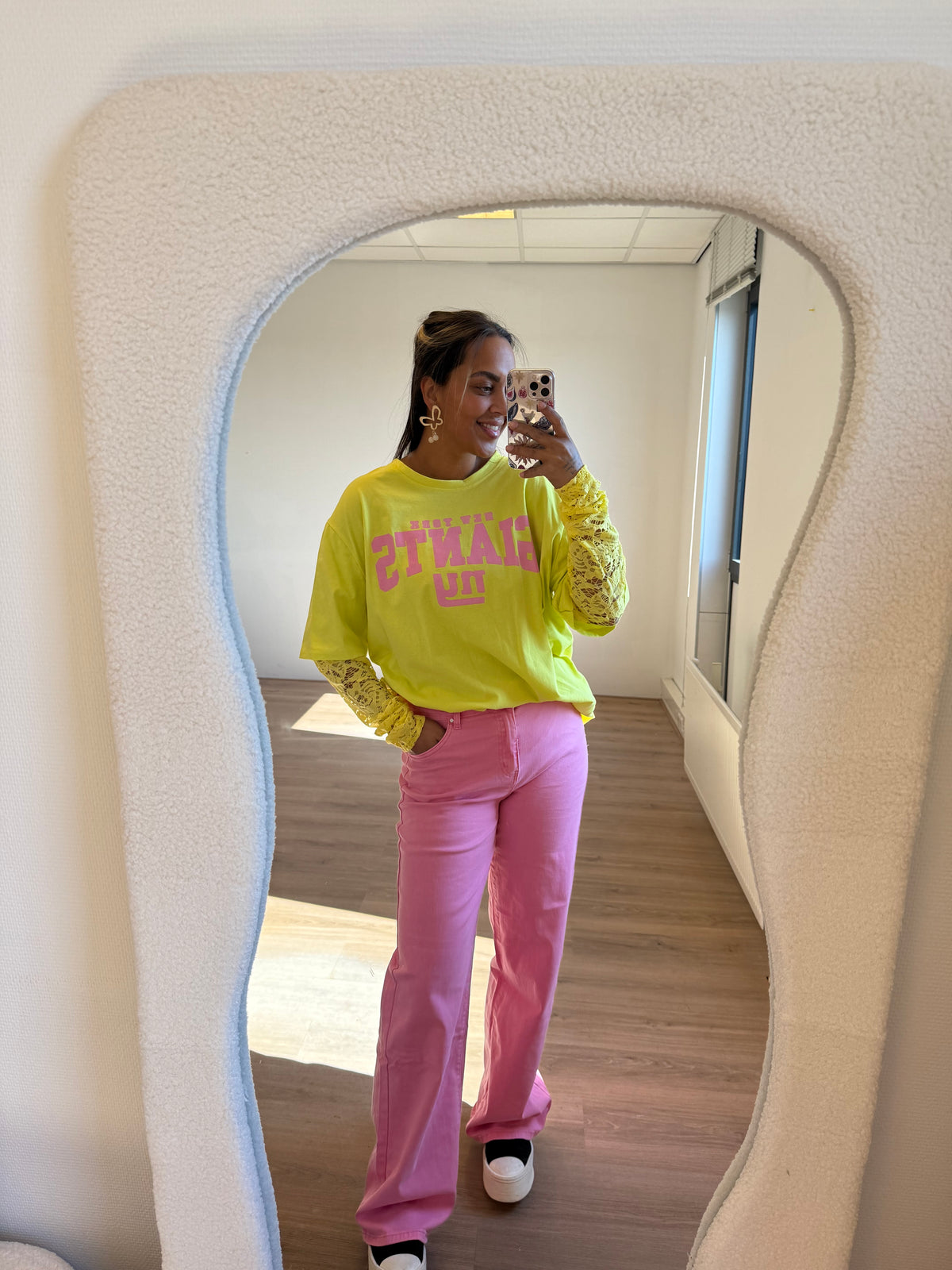 New york longsleeve lace T-shirt yellow & pink