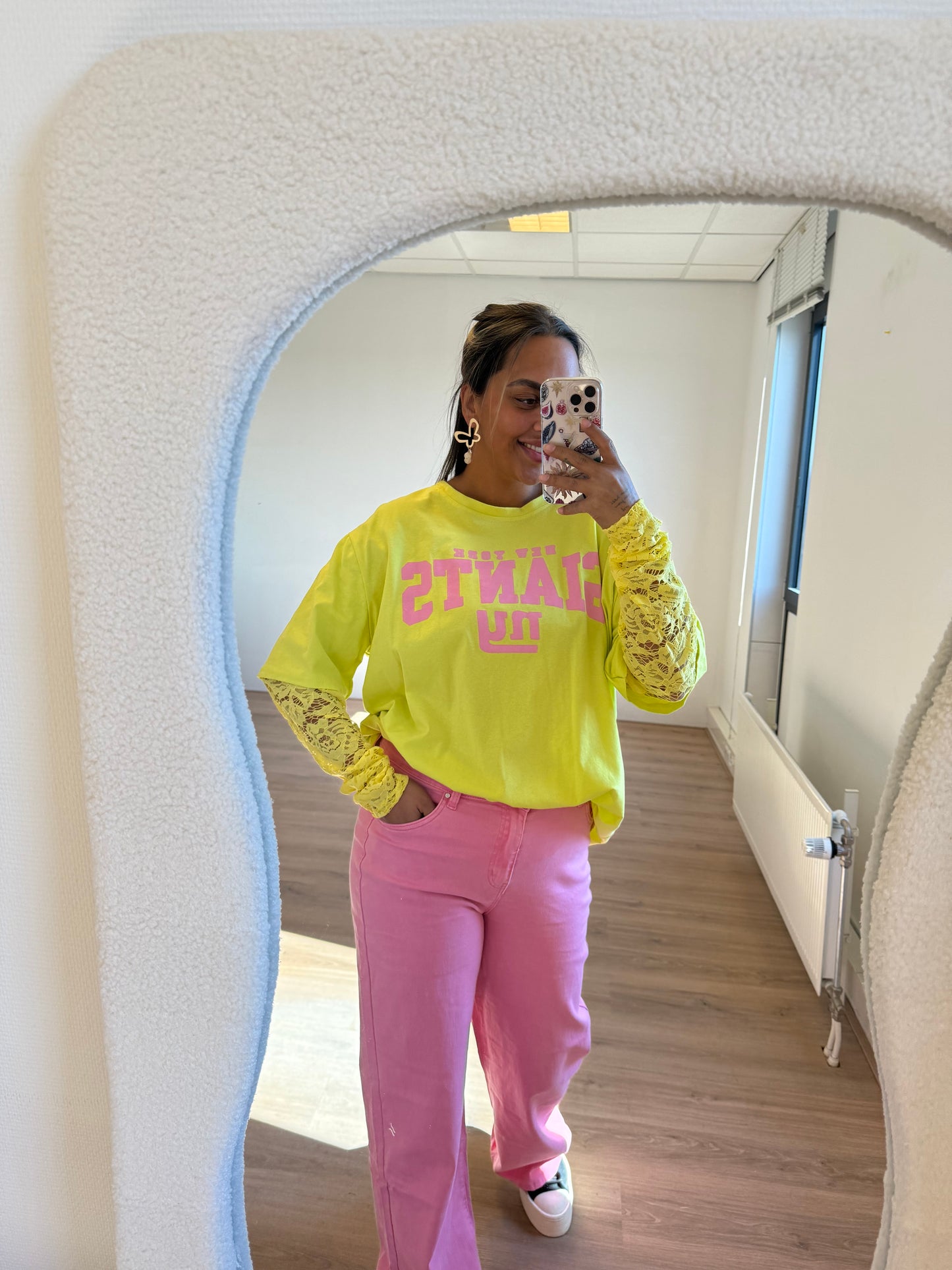 New york longsleeve lace T-shirt yellow & pink