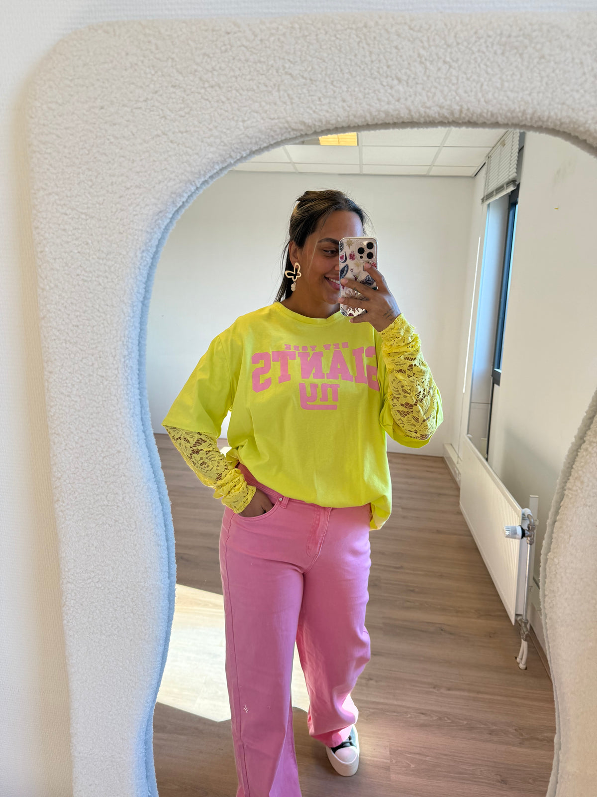 New york longsleeve lace T-shirt yellow & pink
