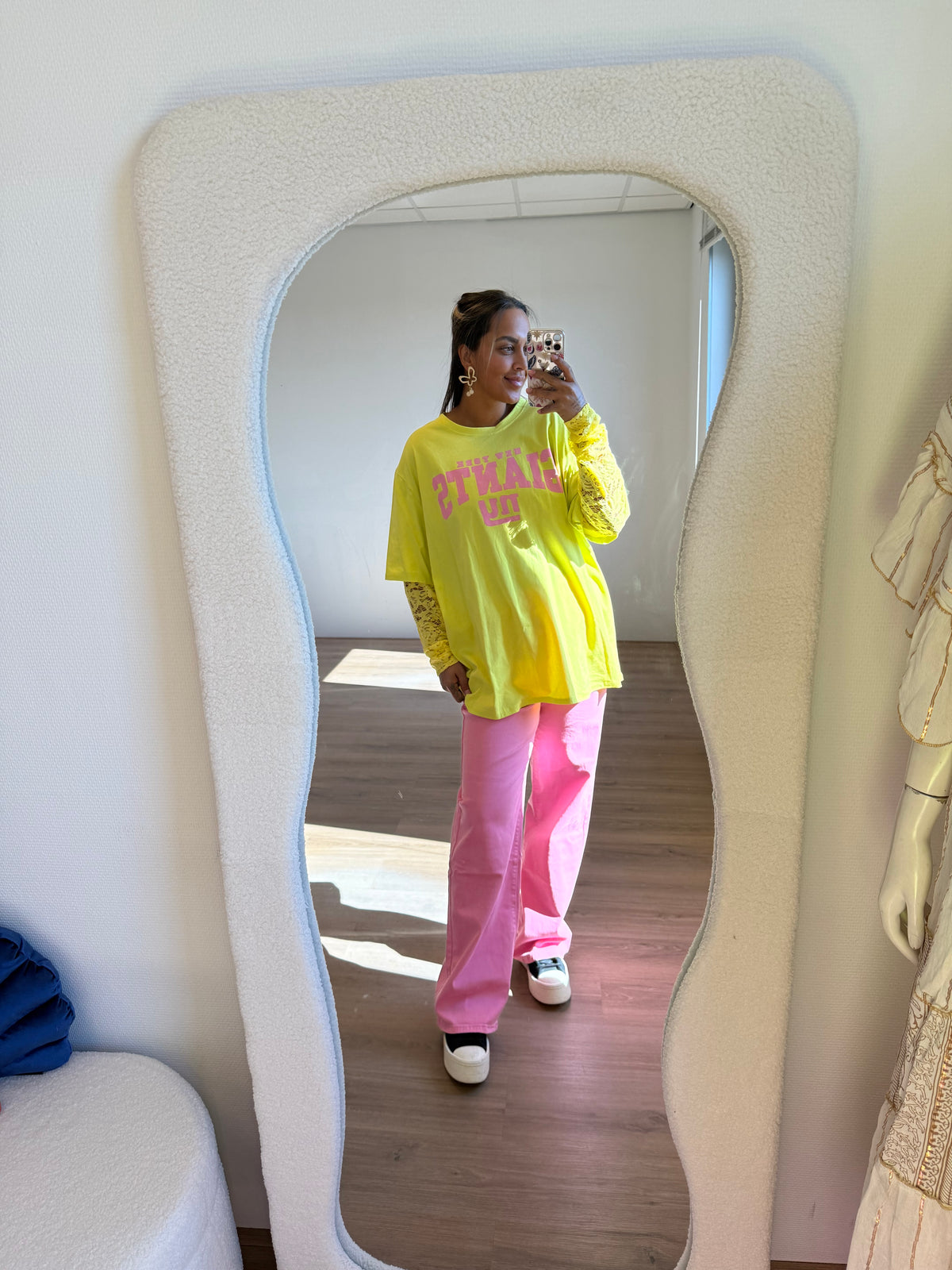 New york longsleeve lace T-shirt yellow & pink