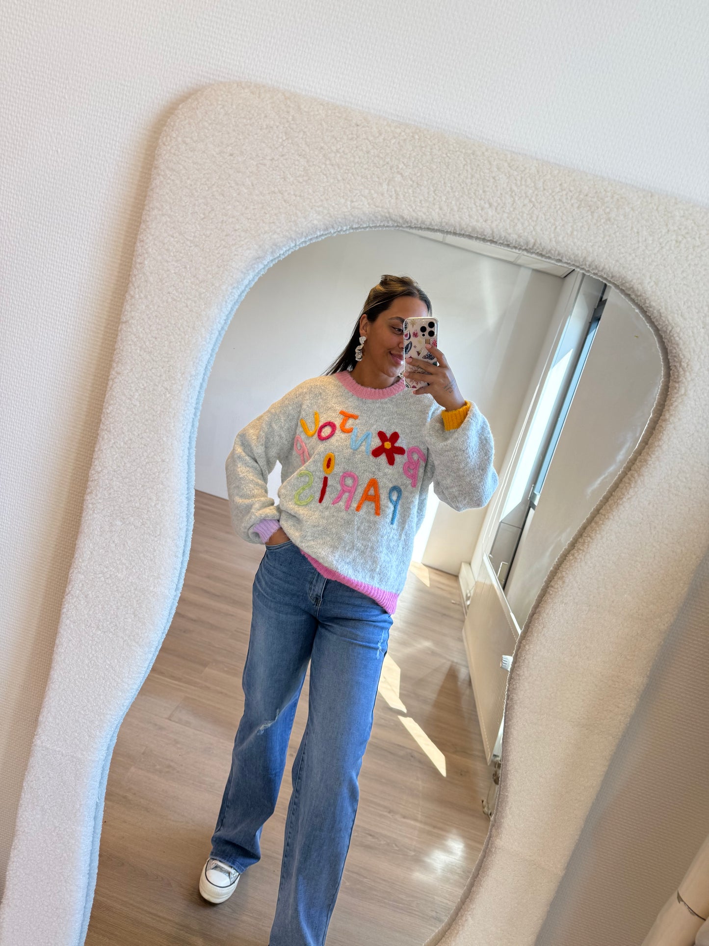 Bonjour paris sweater lightgrey & pink
