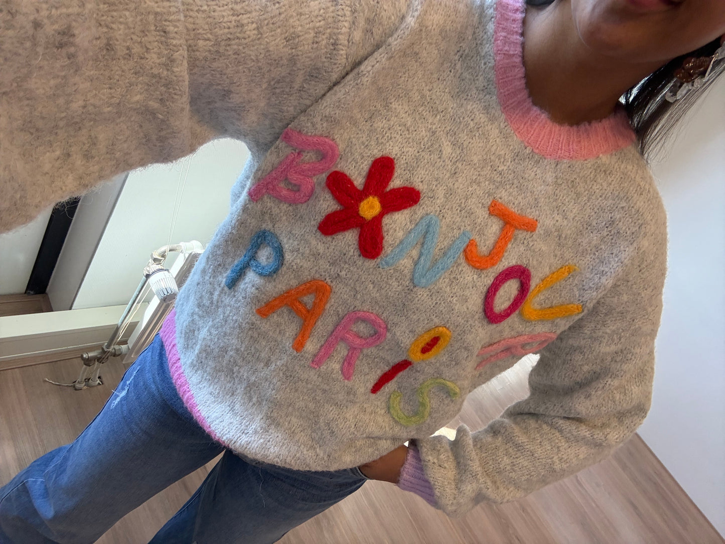 Bonjour paris sweater lightgrey & pink