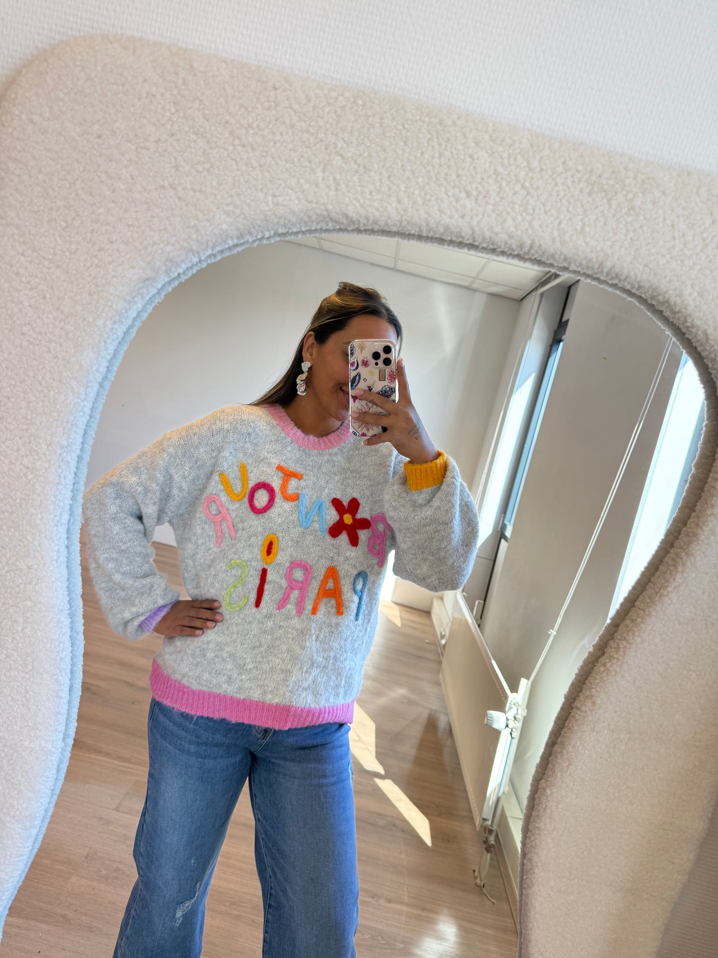 Bonjour paris sweater lightgrey & pink