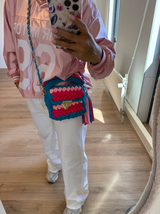 Olivia gevlochten tas blauw & roze
