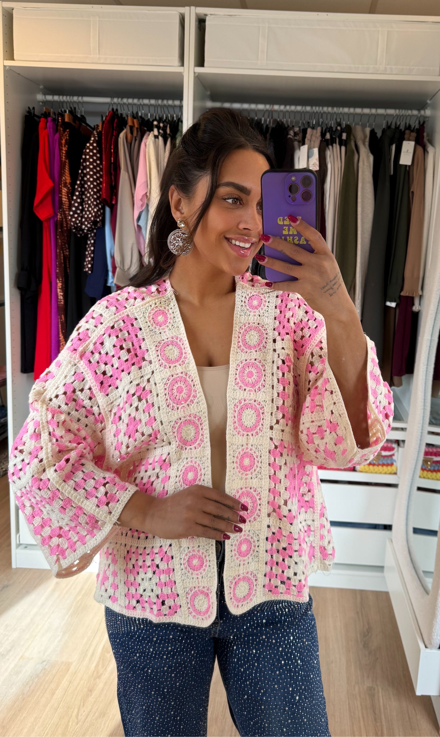 Crochet vest roze & beige