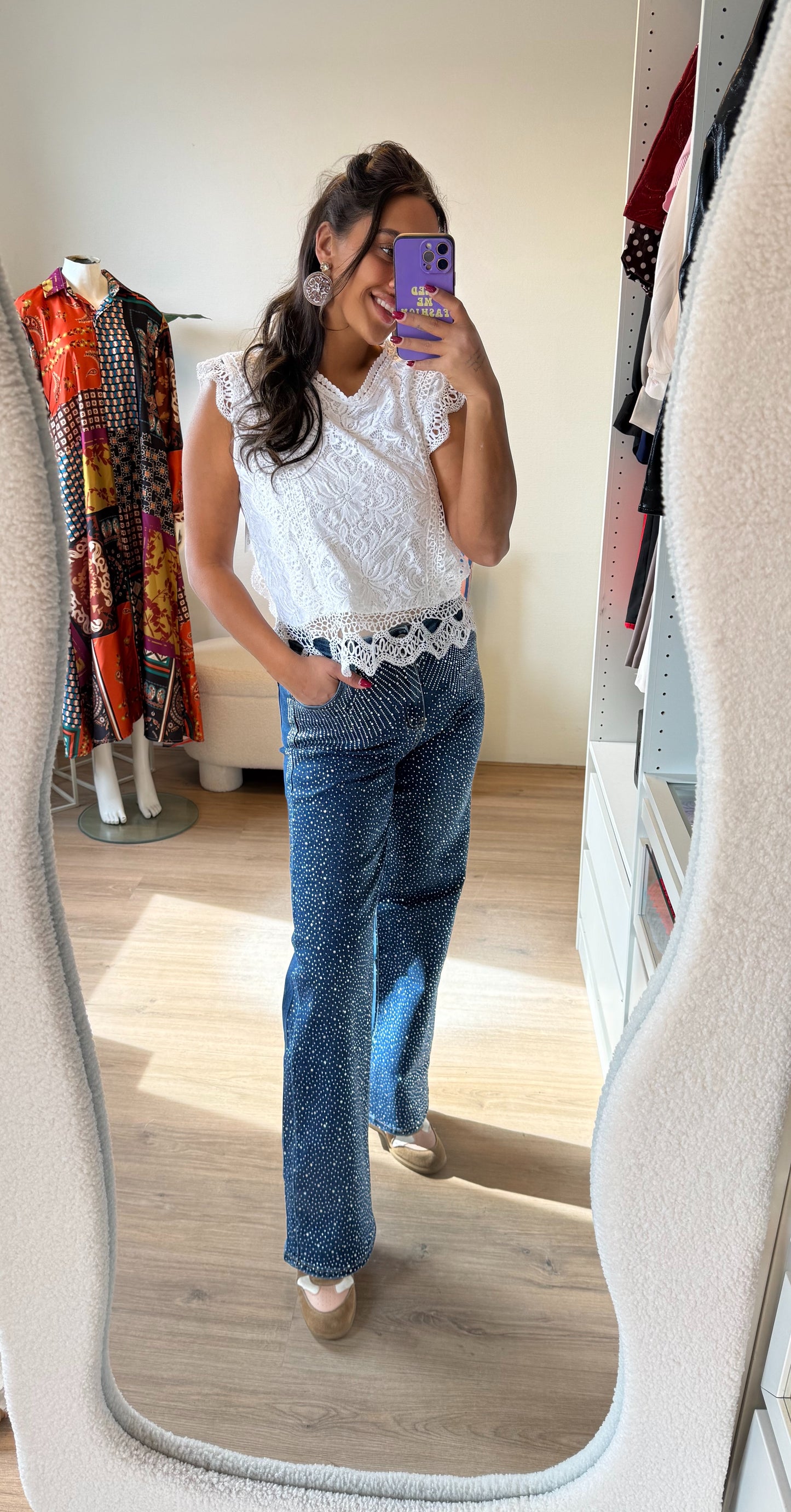 Jeans straight fit glitter all-over denimblauw