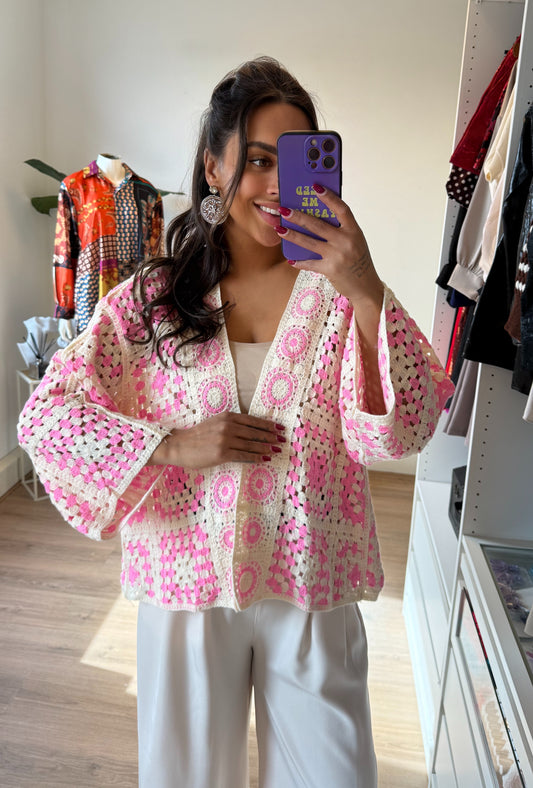Crochet vest roze & beige