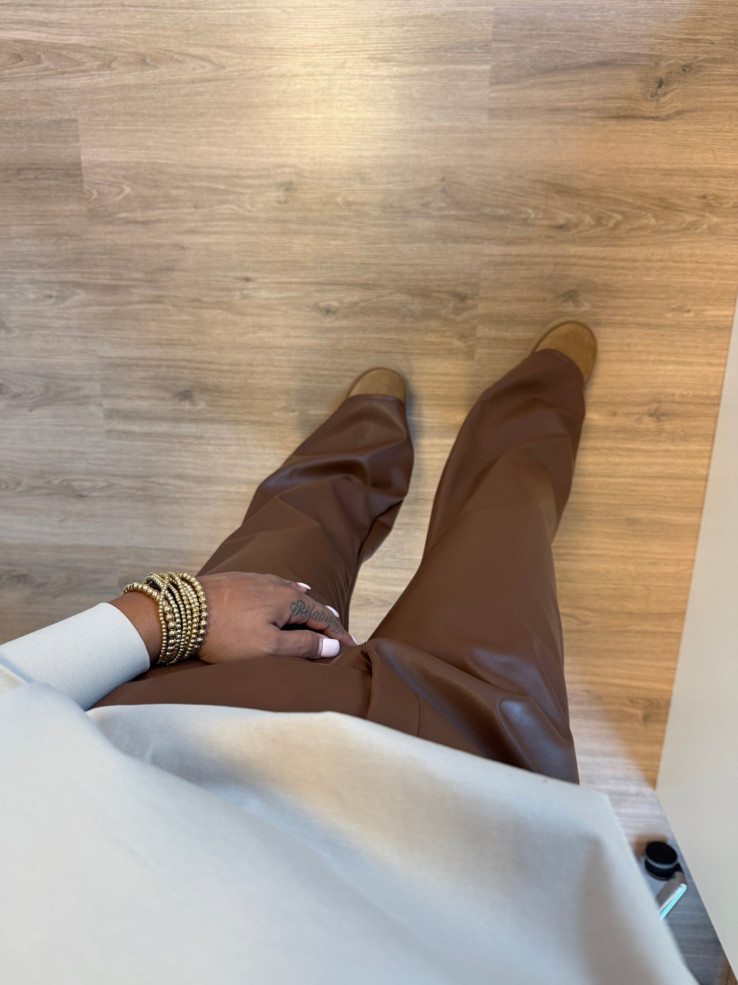 Liv leatherlook straight fit pants choco
