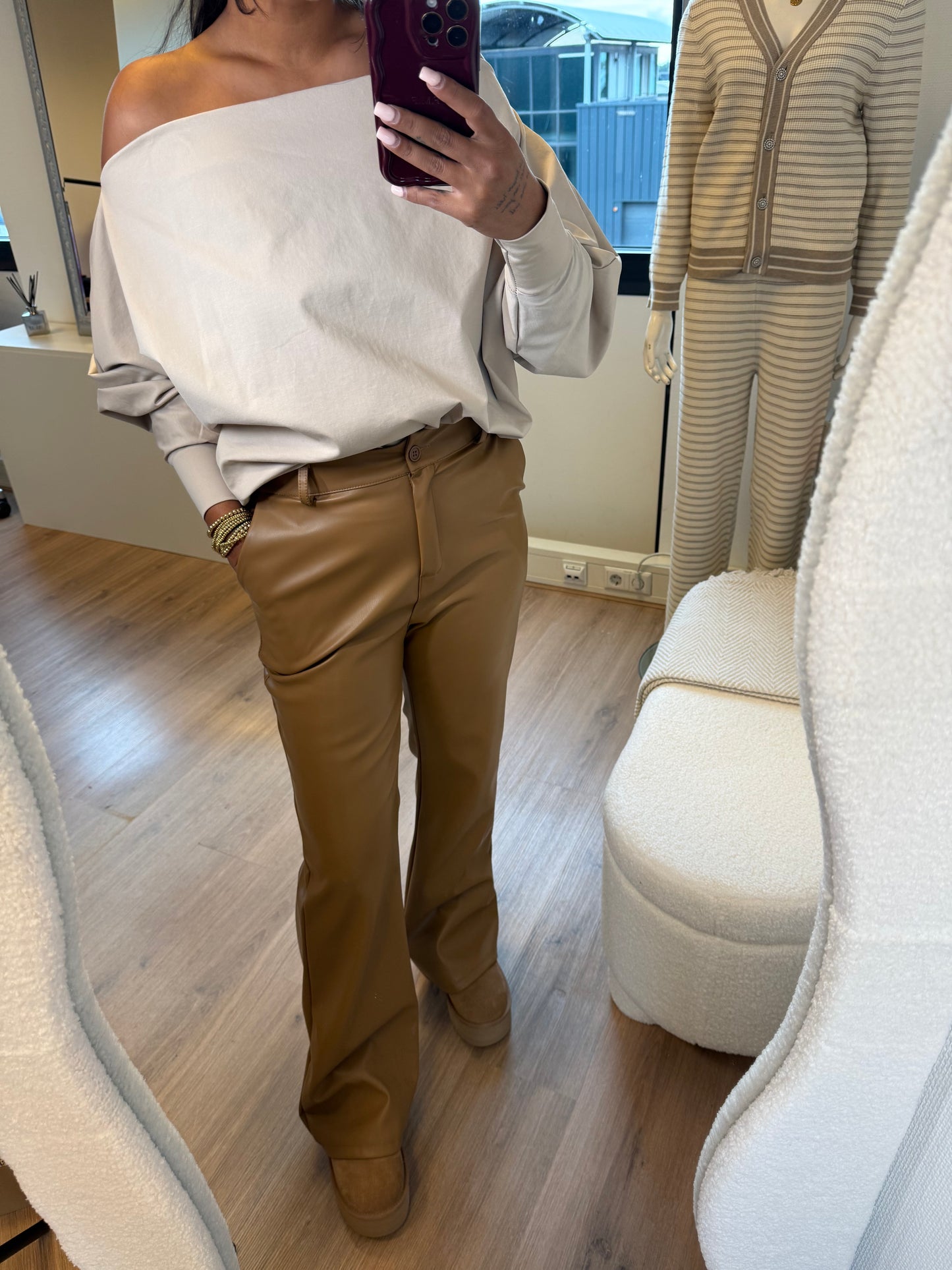 Liv leatherlook straight fit pants camel