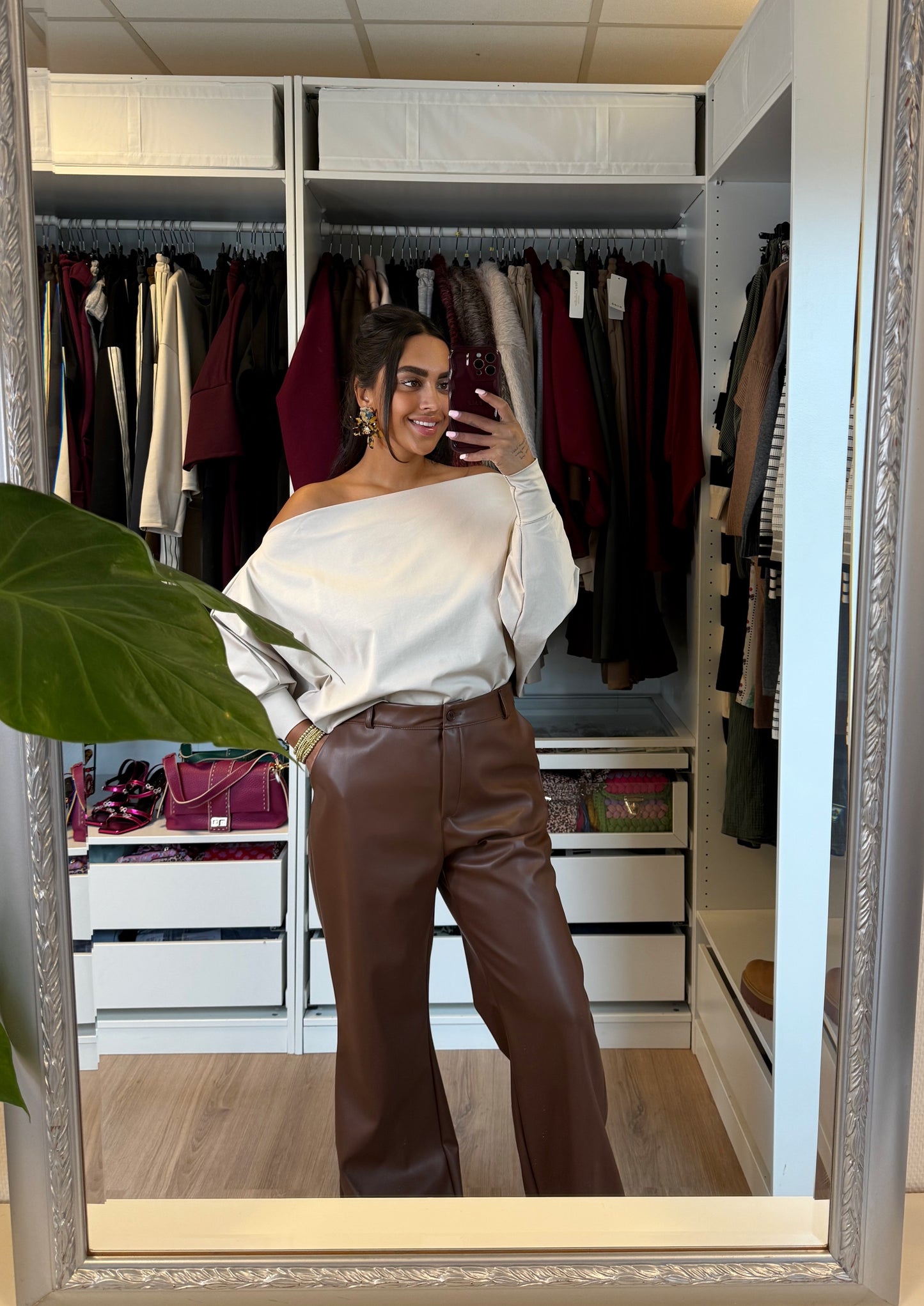 Liv leatherlook straight fit pants choco