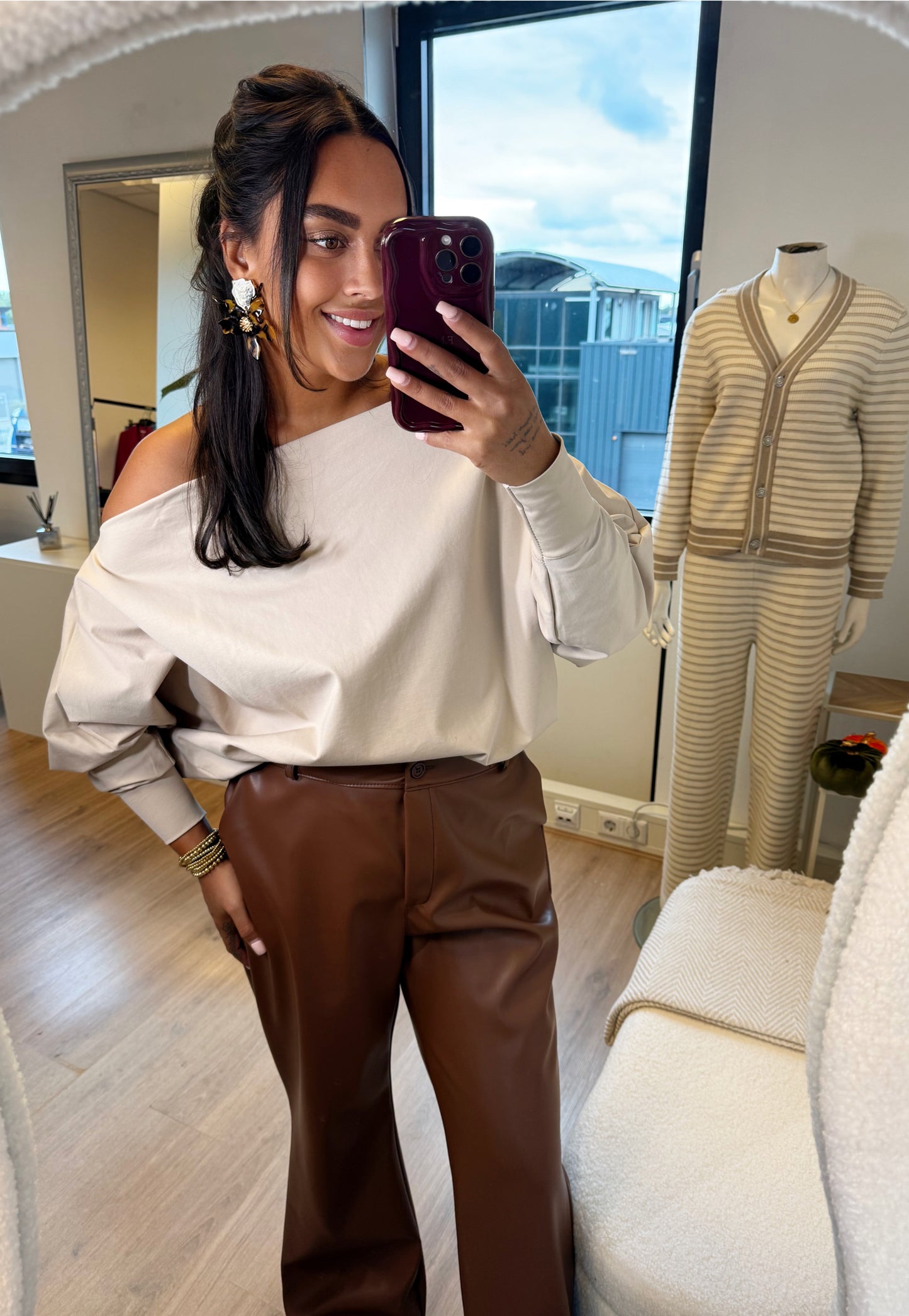 Liv leatherlook straight fit pants choco