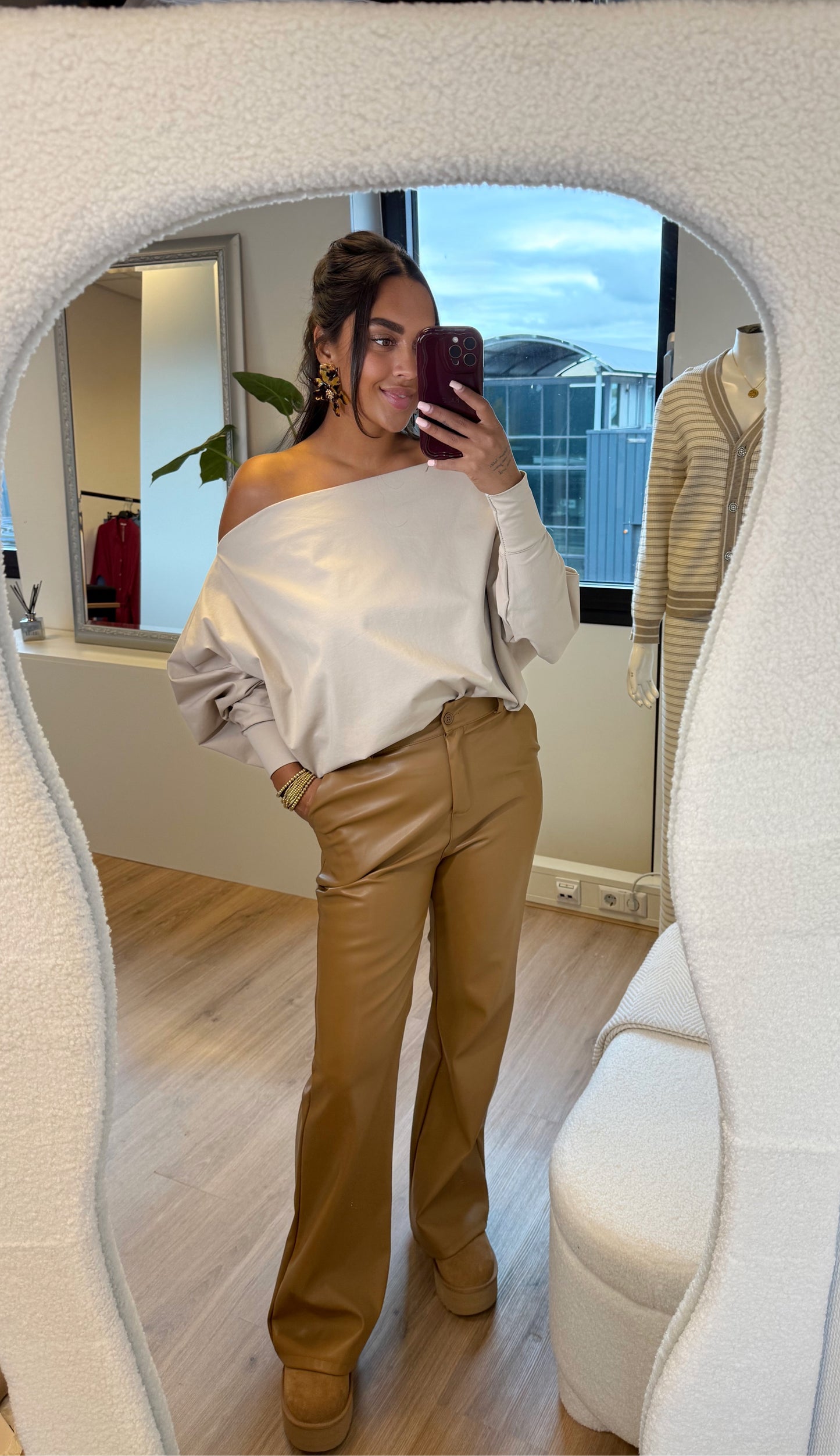 Liv leatherlook straight fit pants camel