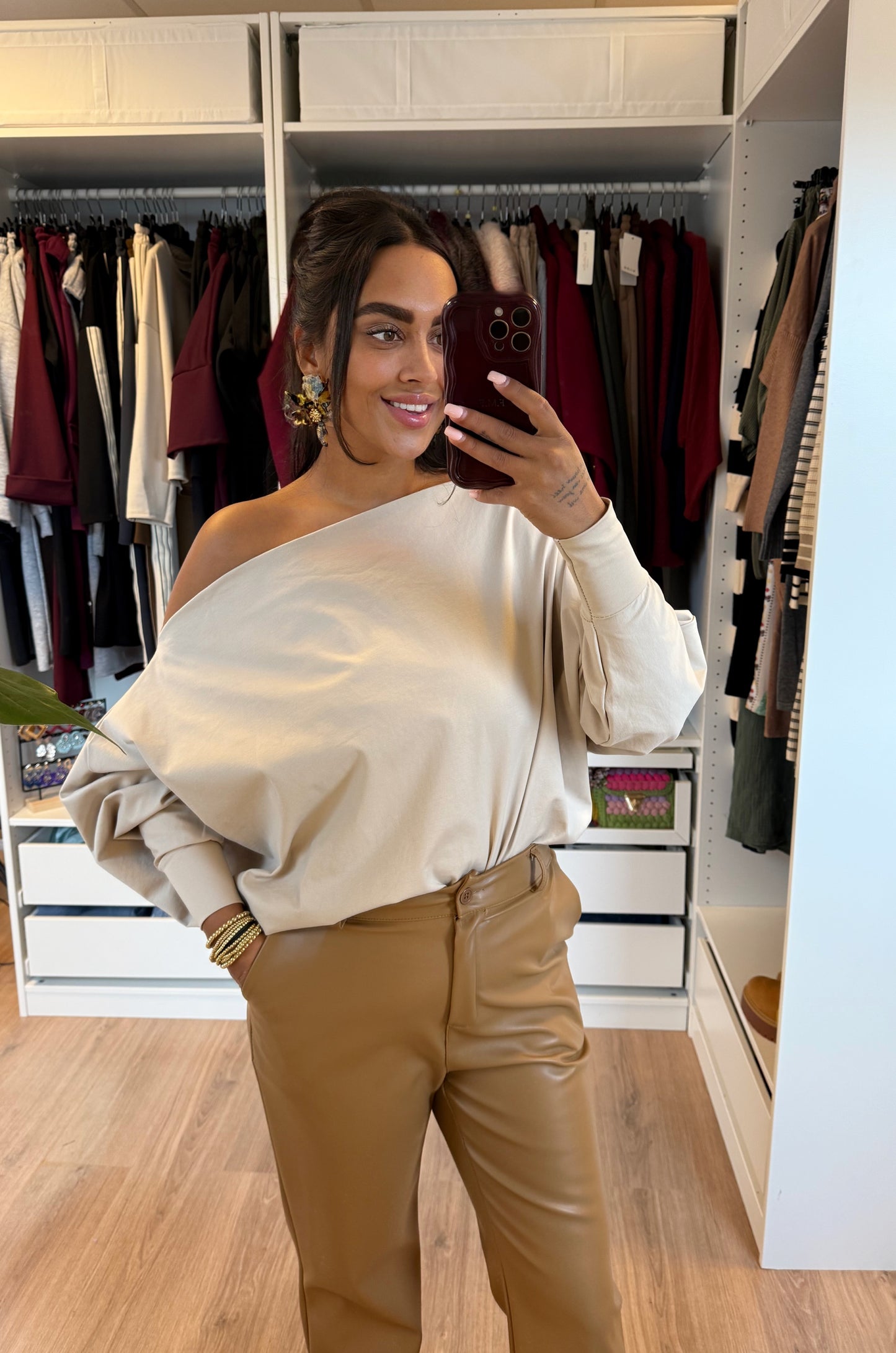 Liv leatherlook straight fit pants camel