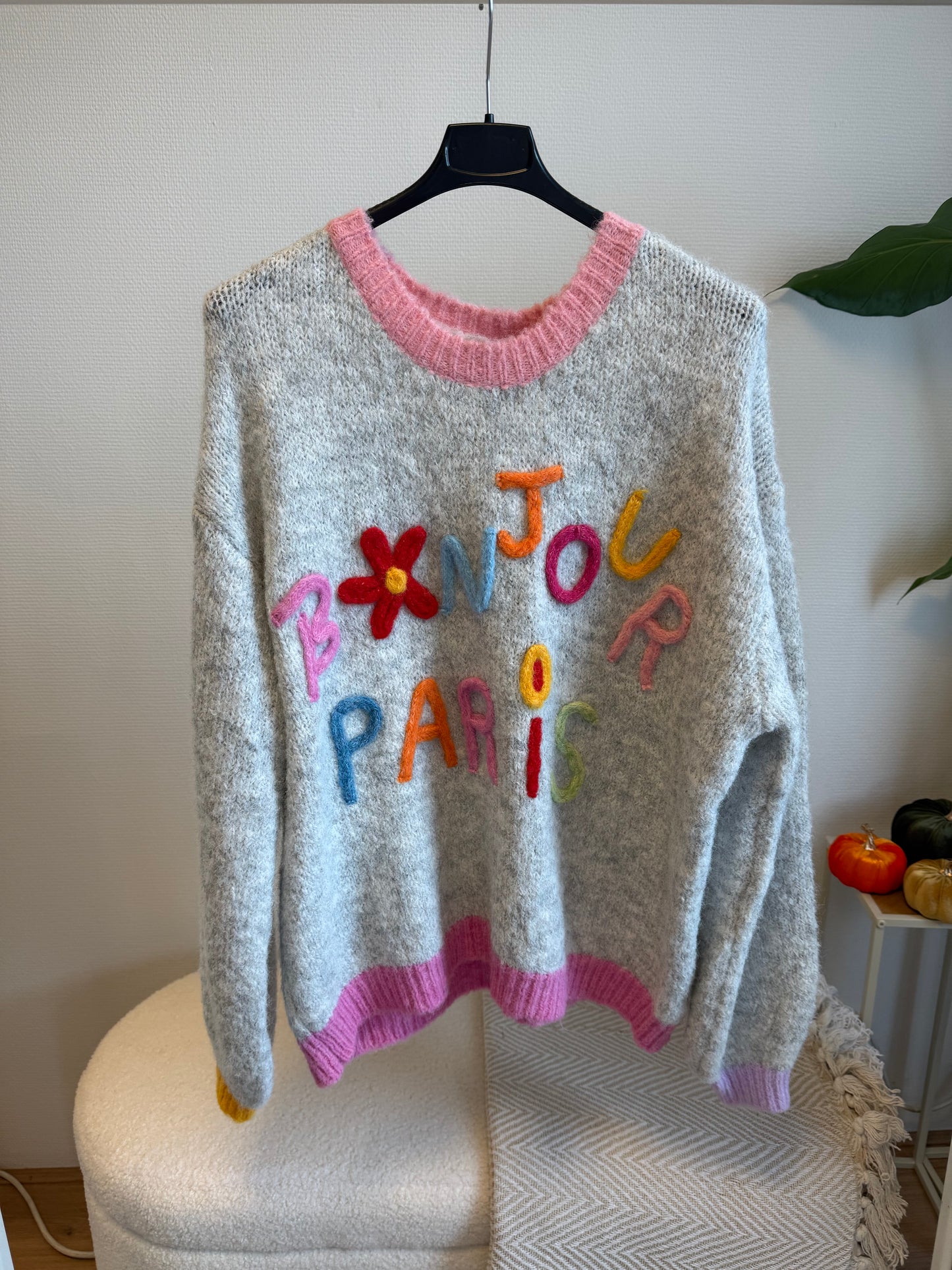 Bonjour paris sweater lightgrey & pink