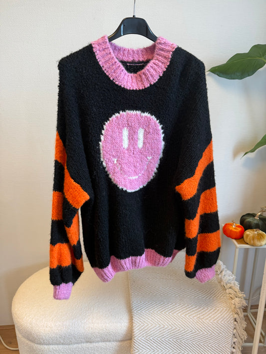 Smiley sweater met ballonmouwen zwart