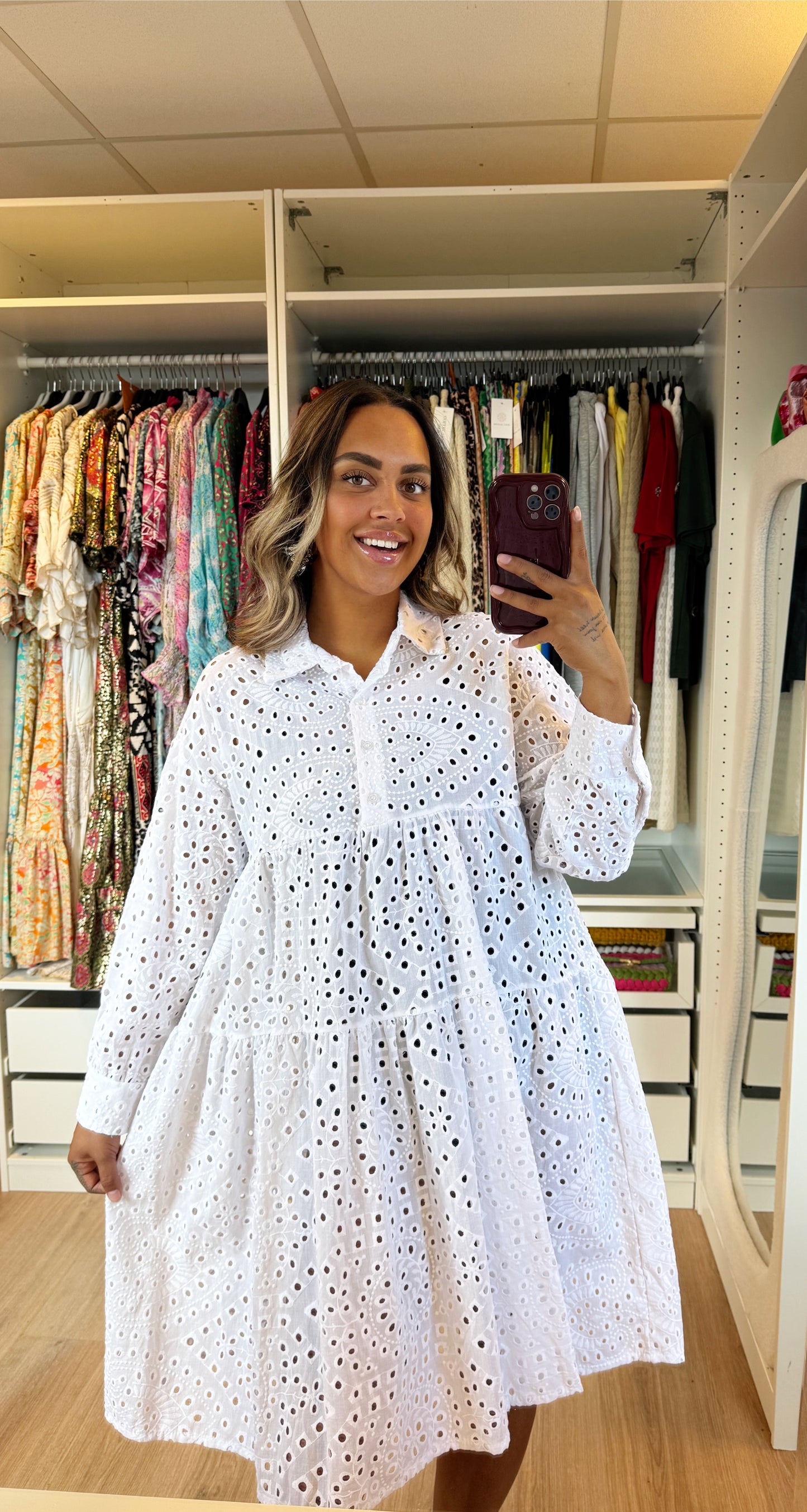 Broderie cotton midi dress white