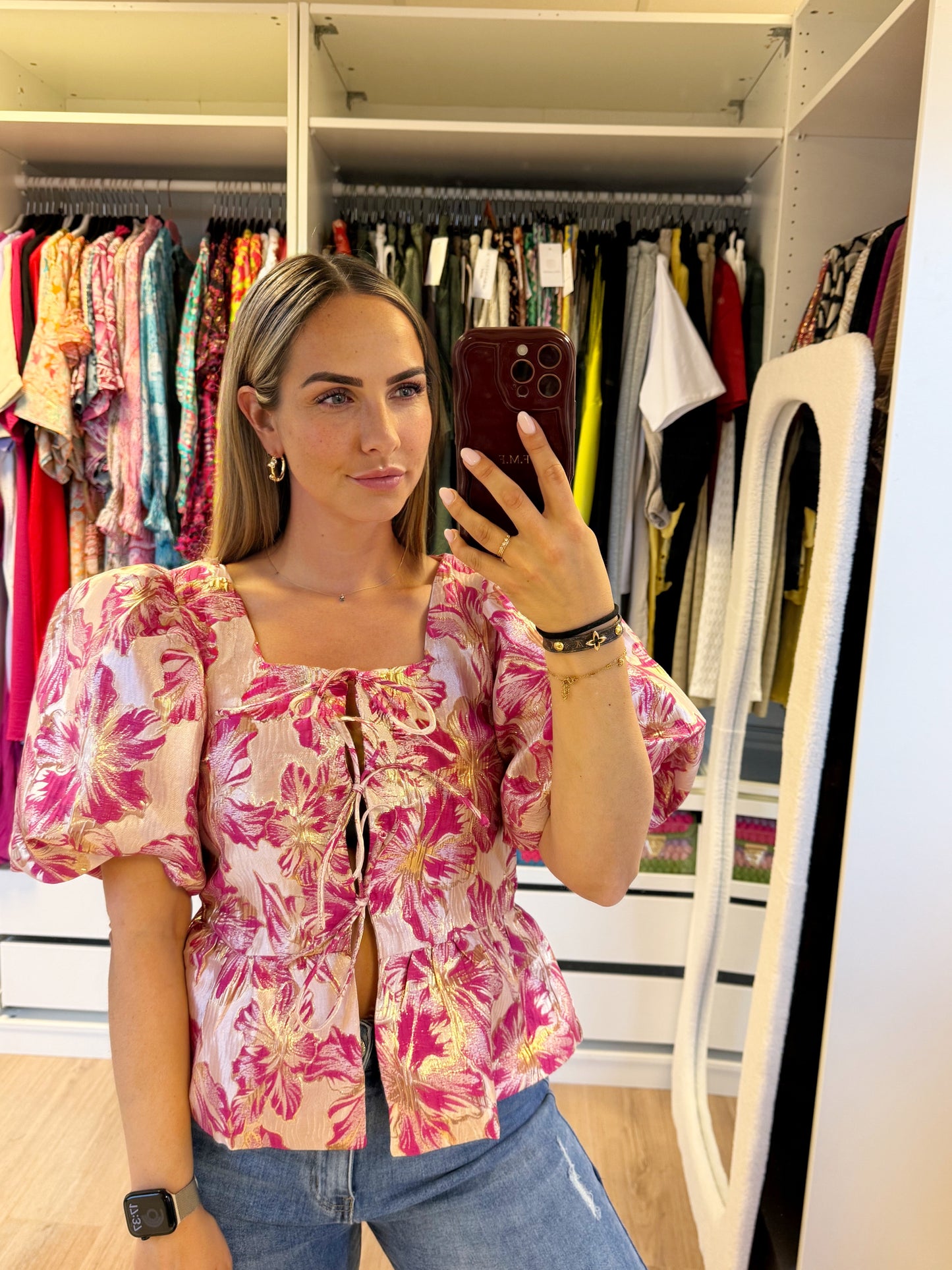 Fleur jacquard bow blouse pink