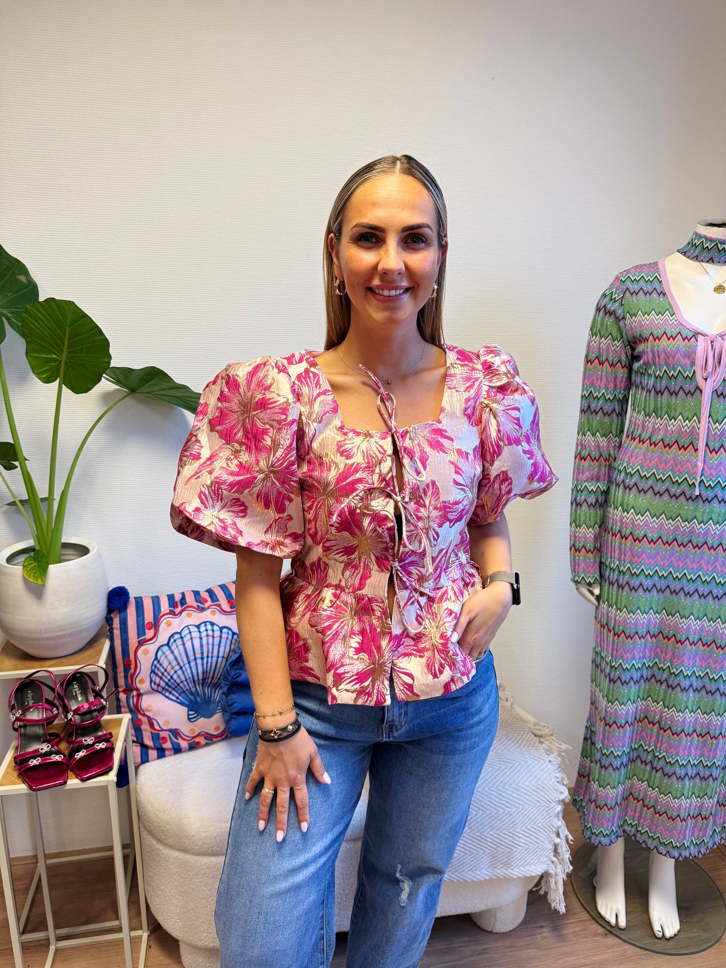 Fleur jacquard bow blouse pink