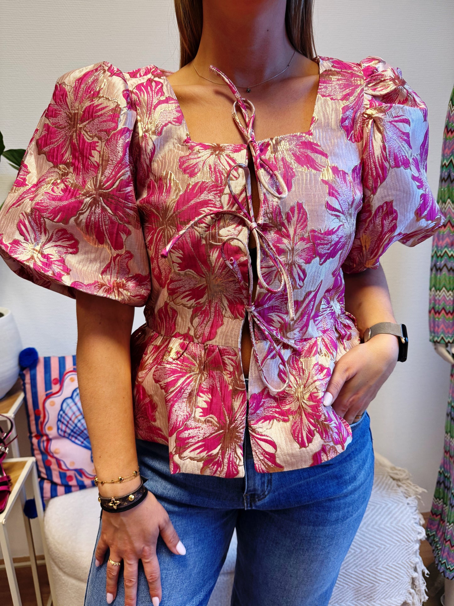 Fleur jacquard bow blouse pink