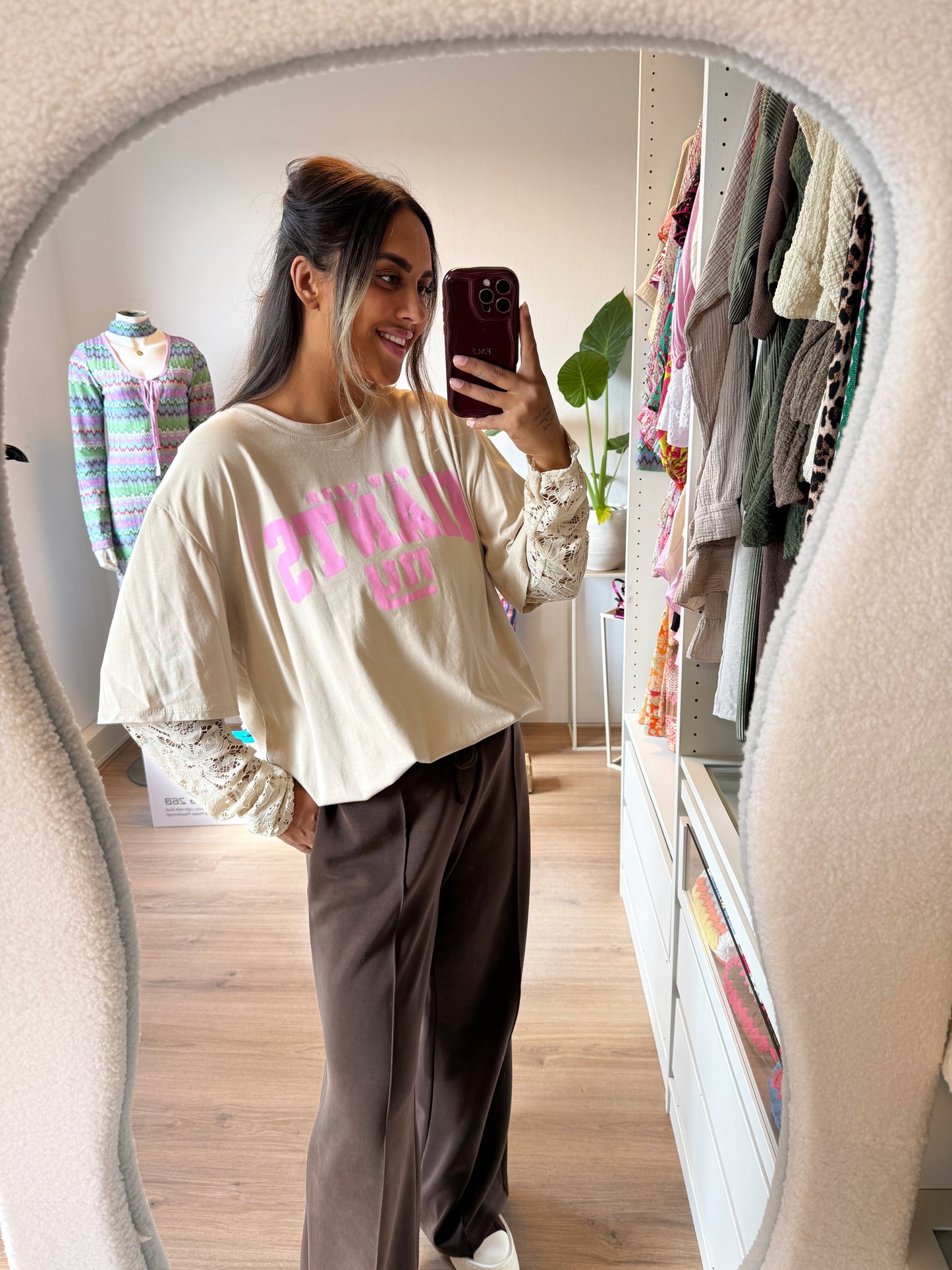 New york longsleeve lace T-shirt beige & pink