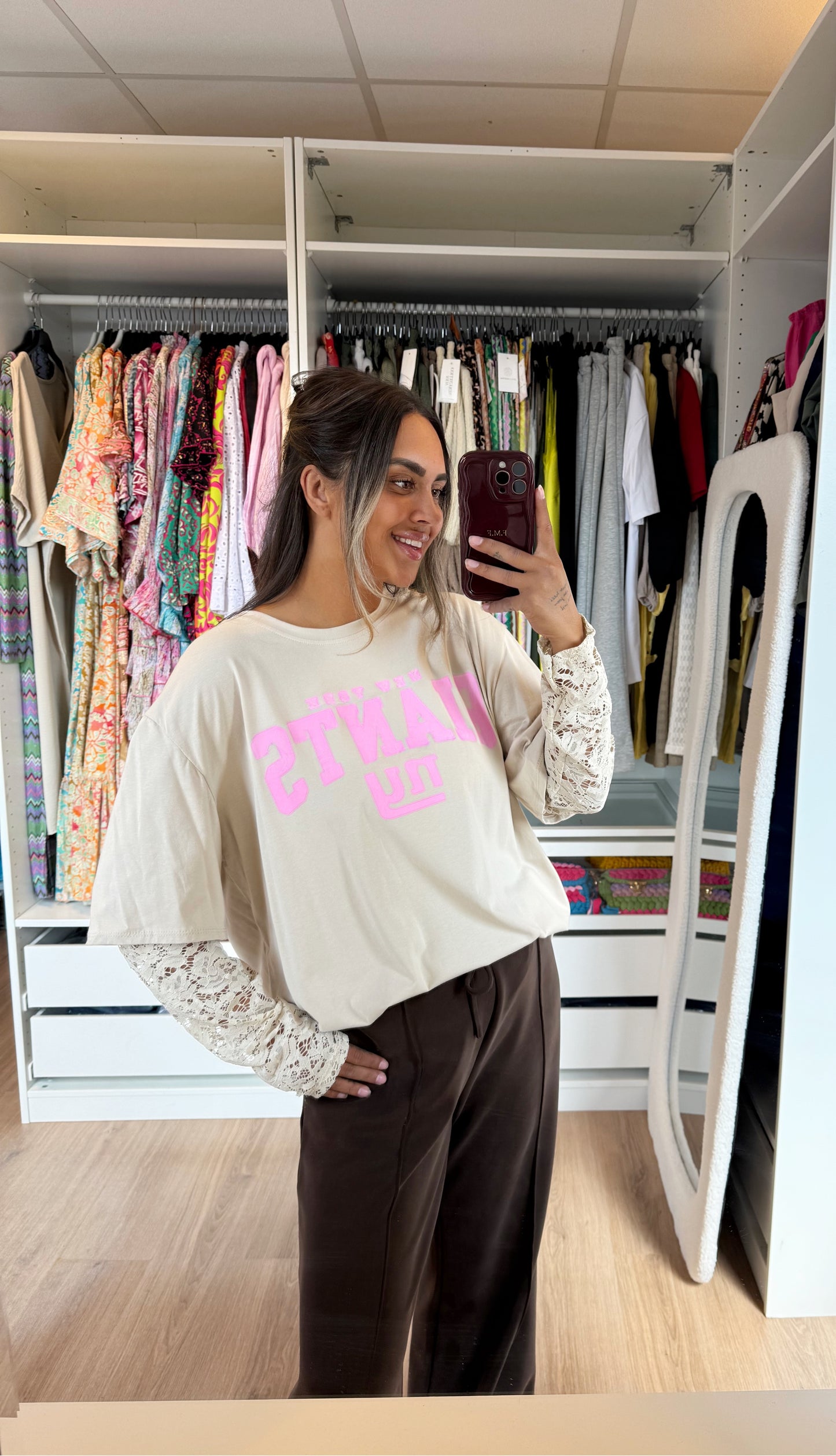 New york longsleeve lace T-shirt beige & pink