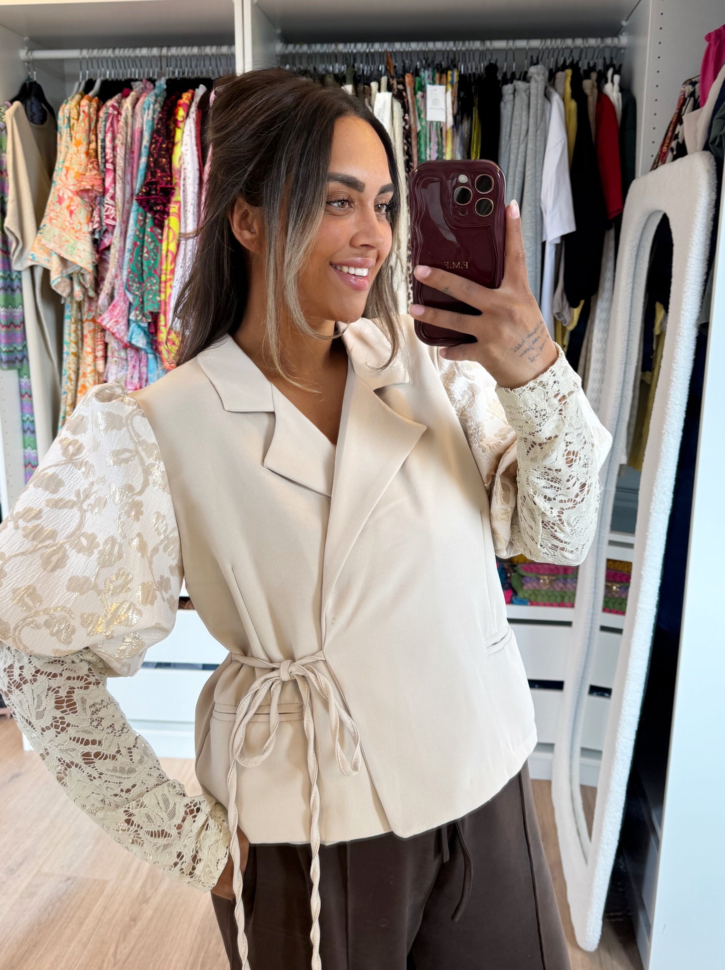 Georgia golden detail lace blazer beige