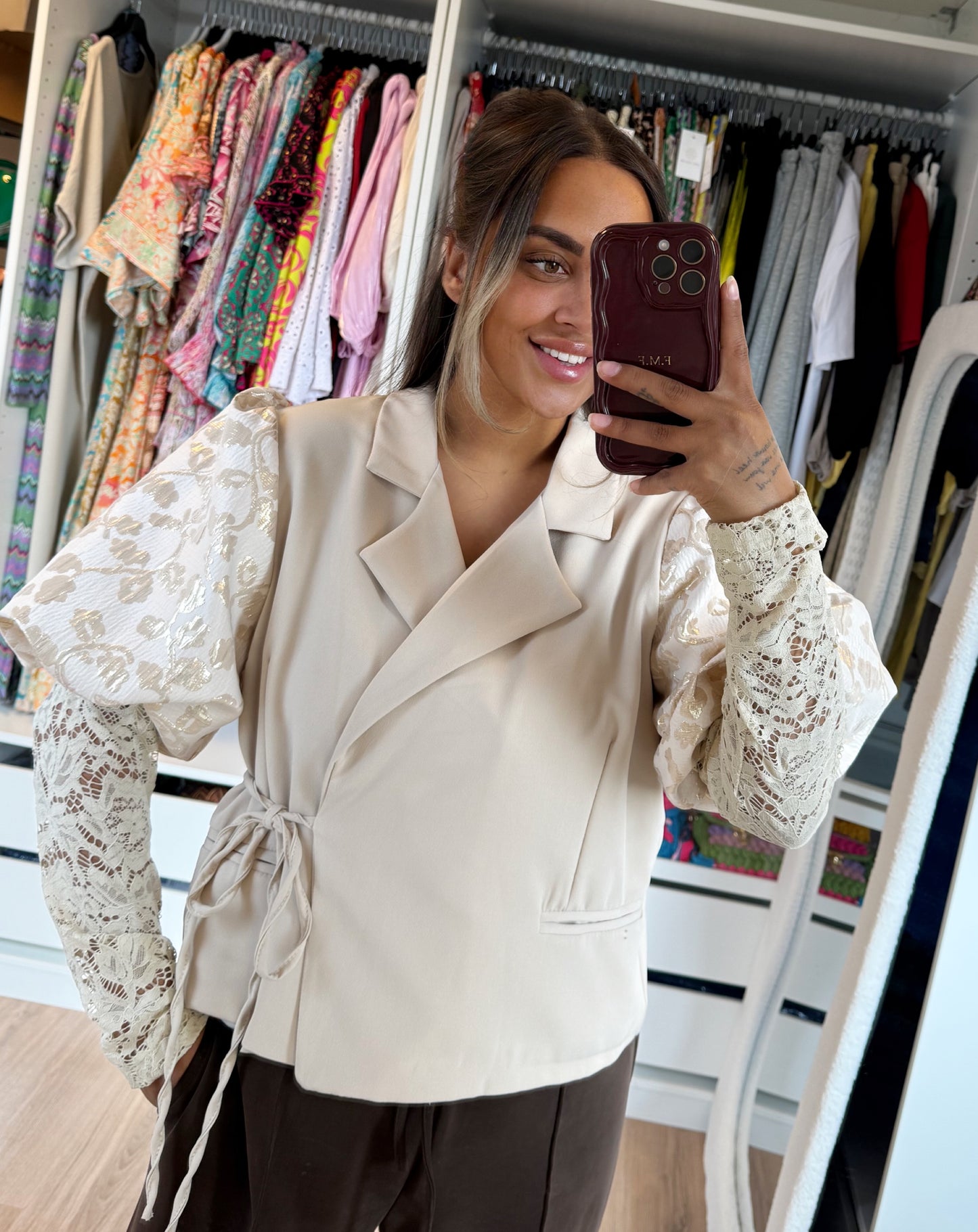 Georgia golden detail lace blazer beige
